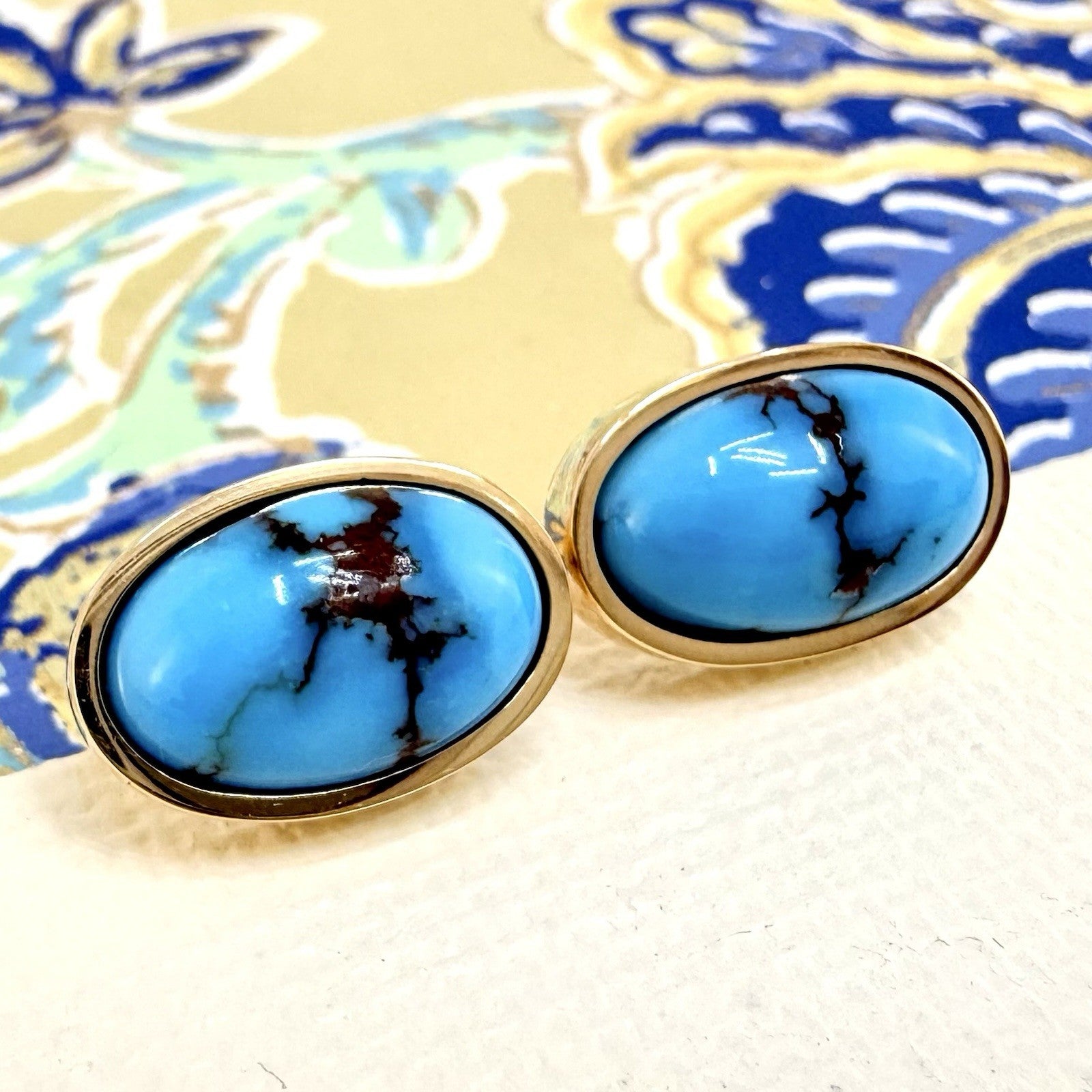 14k Yellow Gold Egyptian Turquoise Custom Made Stud Earrings, New Pair #1