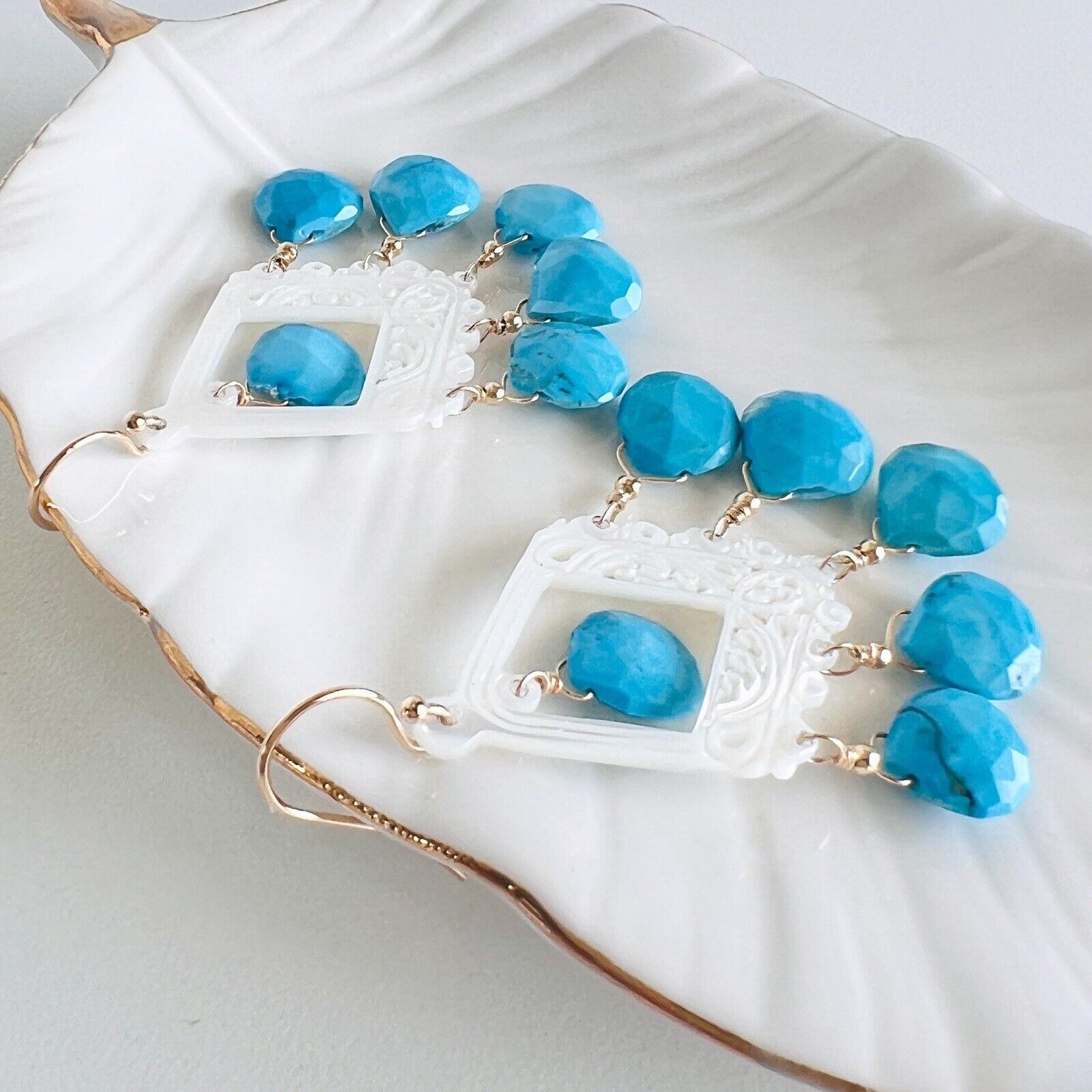 Solid 14k Yellow Gold Natural Turquoise & Mother of Pearl Chandelier Earrings