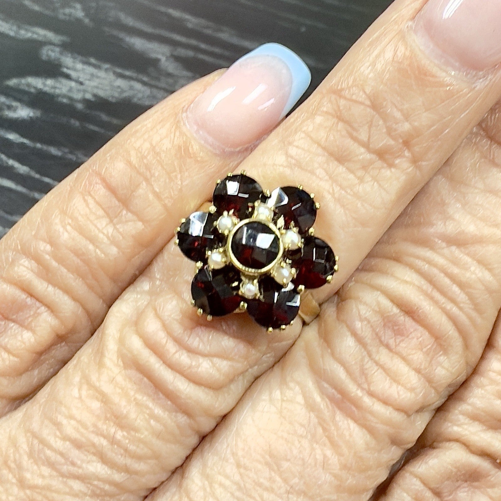 Vintage 10k Yellow Gold Genuine Garnet & Pearl Ring, Size 4