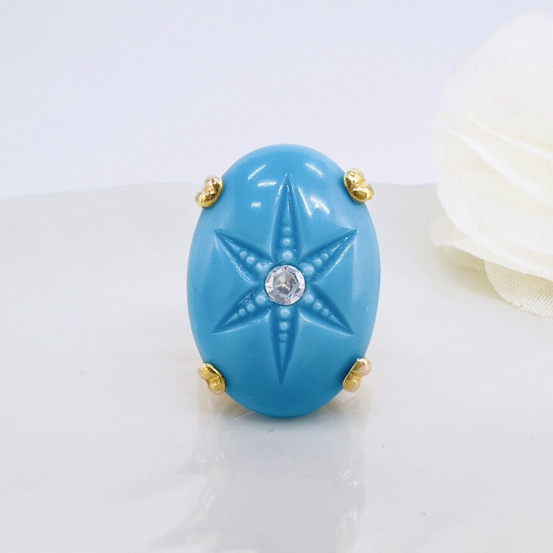 Vintage European 8k Yellow Gold American Turquoise & Diamond Ring, Size 4.75