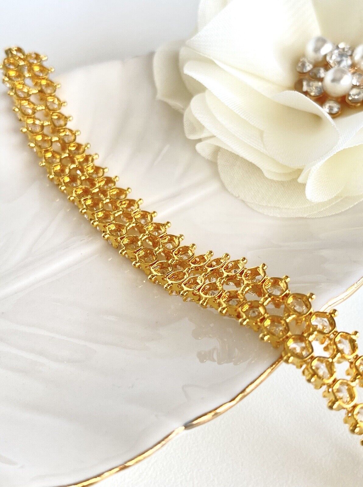 2-Row Cubic Zirconia Heavy Gold Electroplated Tennis Bracelet 7" New