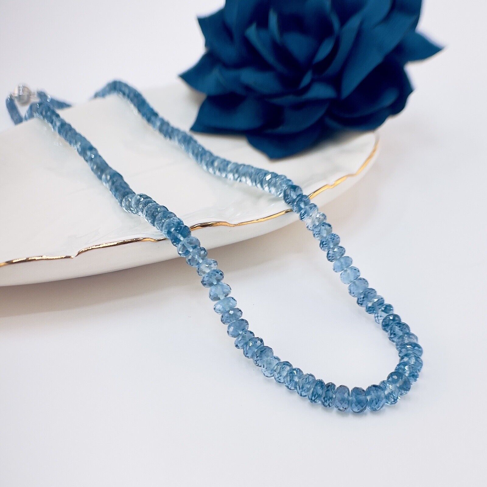 Solid 14k White Gold Genuine London Blue Topaz Necklace, New 17.25”