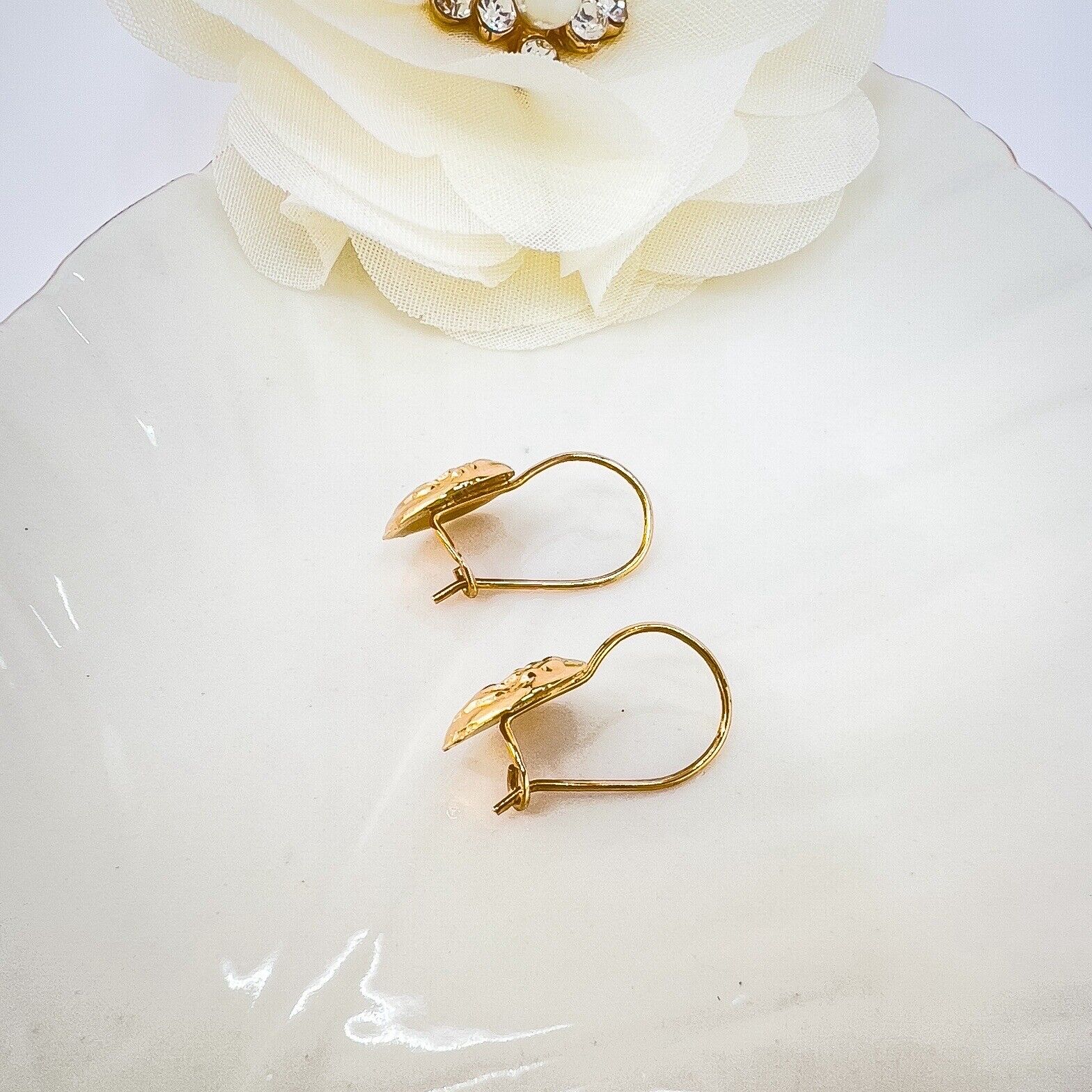 Antique 14k Rose Gold Repoussé Flower Heart Design Dangle Hook Earrings