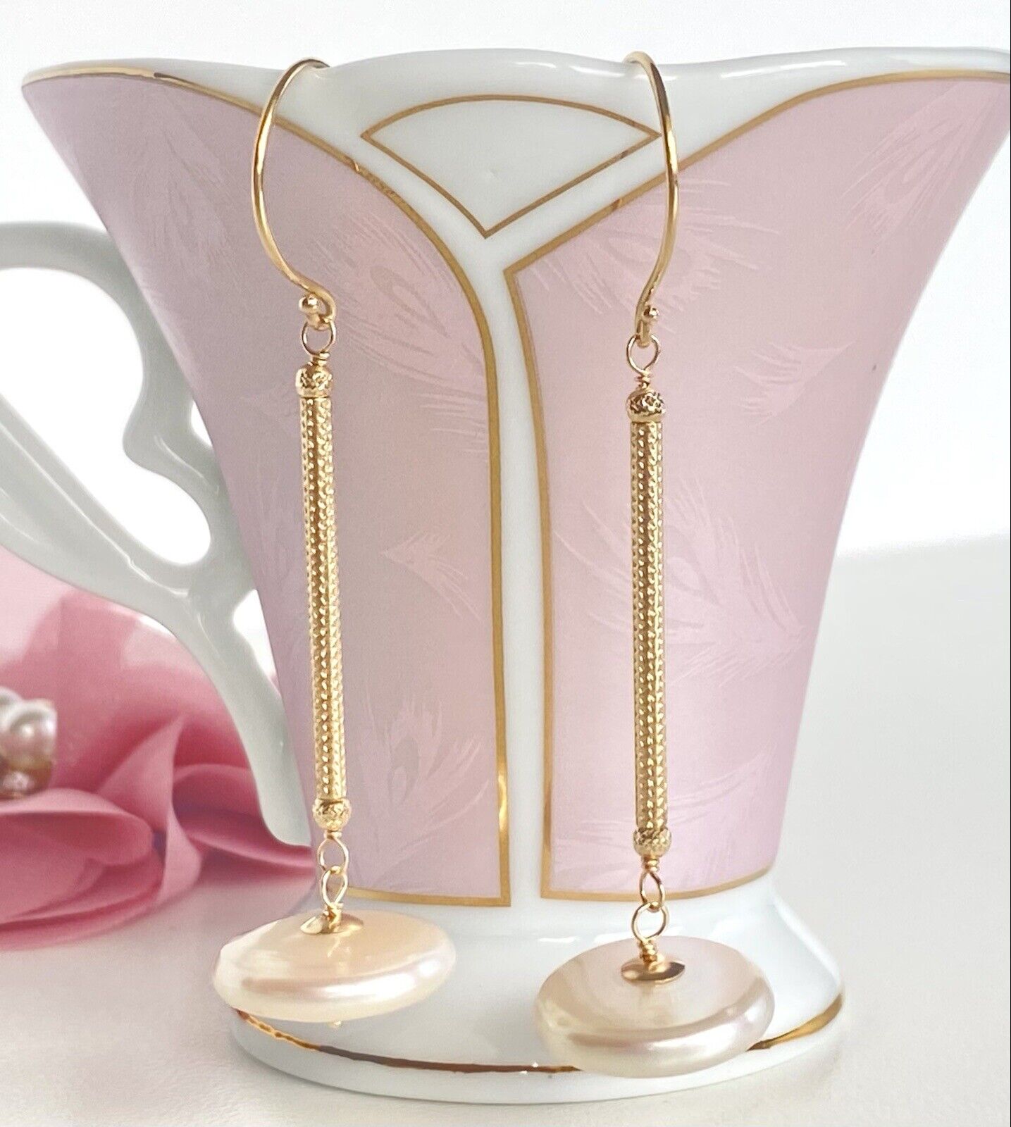 Unique Large Coin Pearl & Solid 14k Yellow Gold Dangle Earrings, New, 2.48"