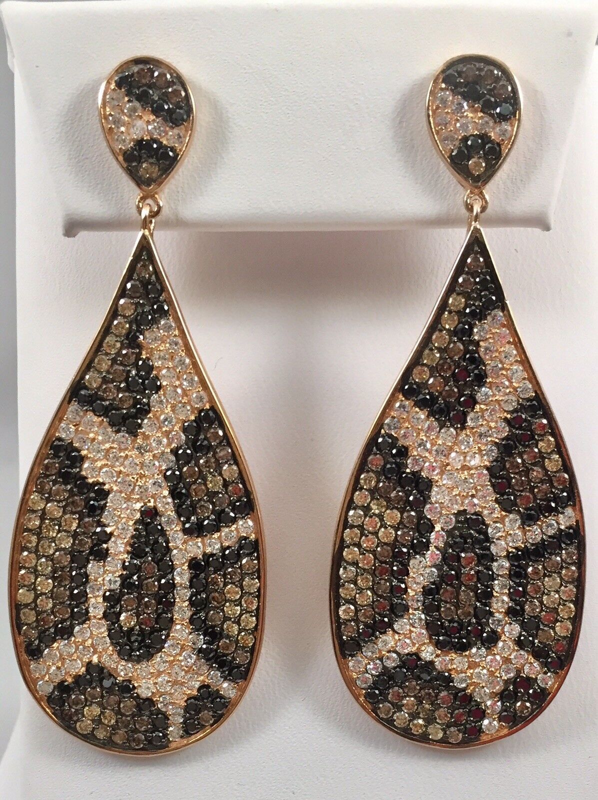 Fabulous Sterling Silver 14kt Rose Gold Overlay Leopard Print Pave Cz Earrings