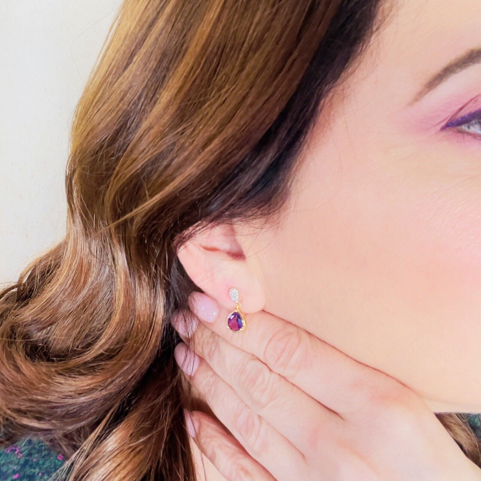 Genuine Amethyst & Diamond Solid 10k Yellow Gold Dangle/Drop Earrings