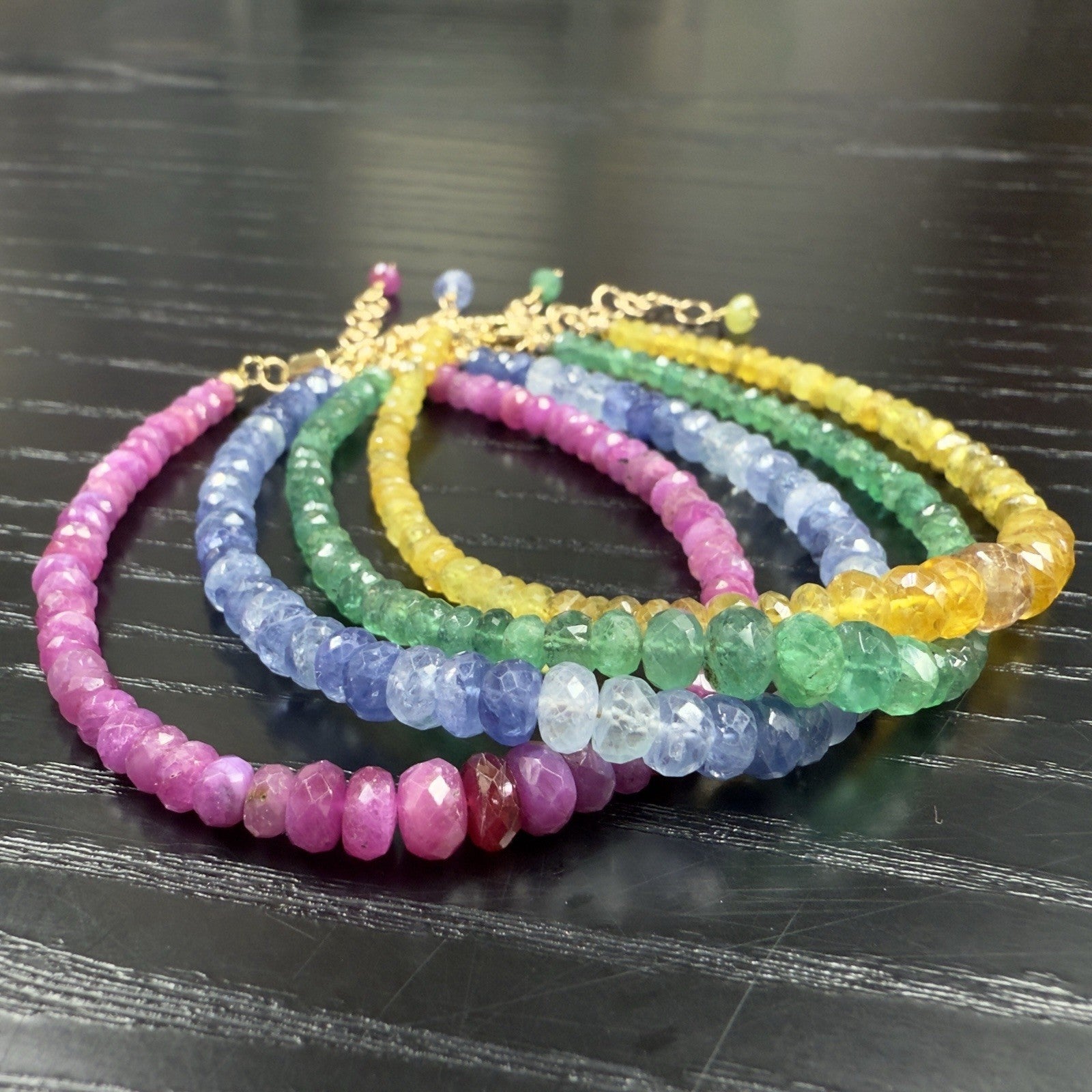 14k Yellow Gold Multitone Blue Sapphire Bracelet, Adjustable 6.75-7.75", New