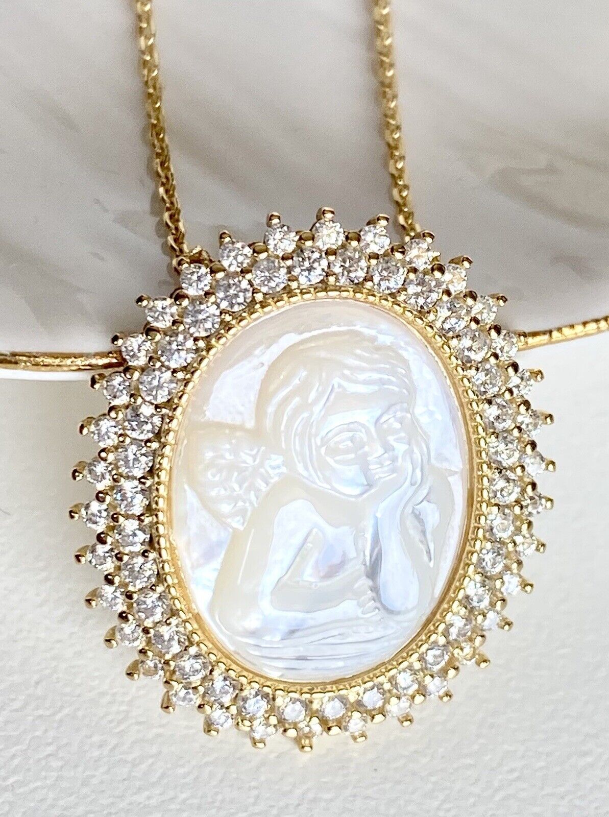 Sterling W/ Gold Overlay Thinking Angel/Cherub Pendant W/ Chain, 16-17", New