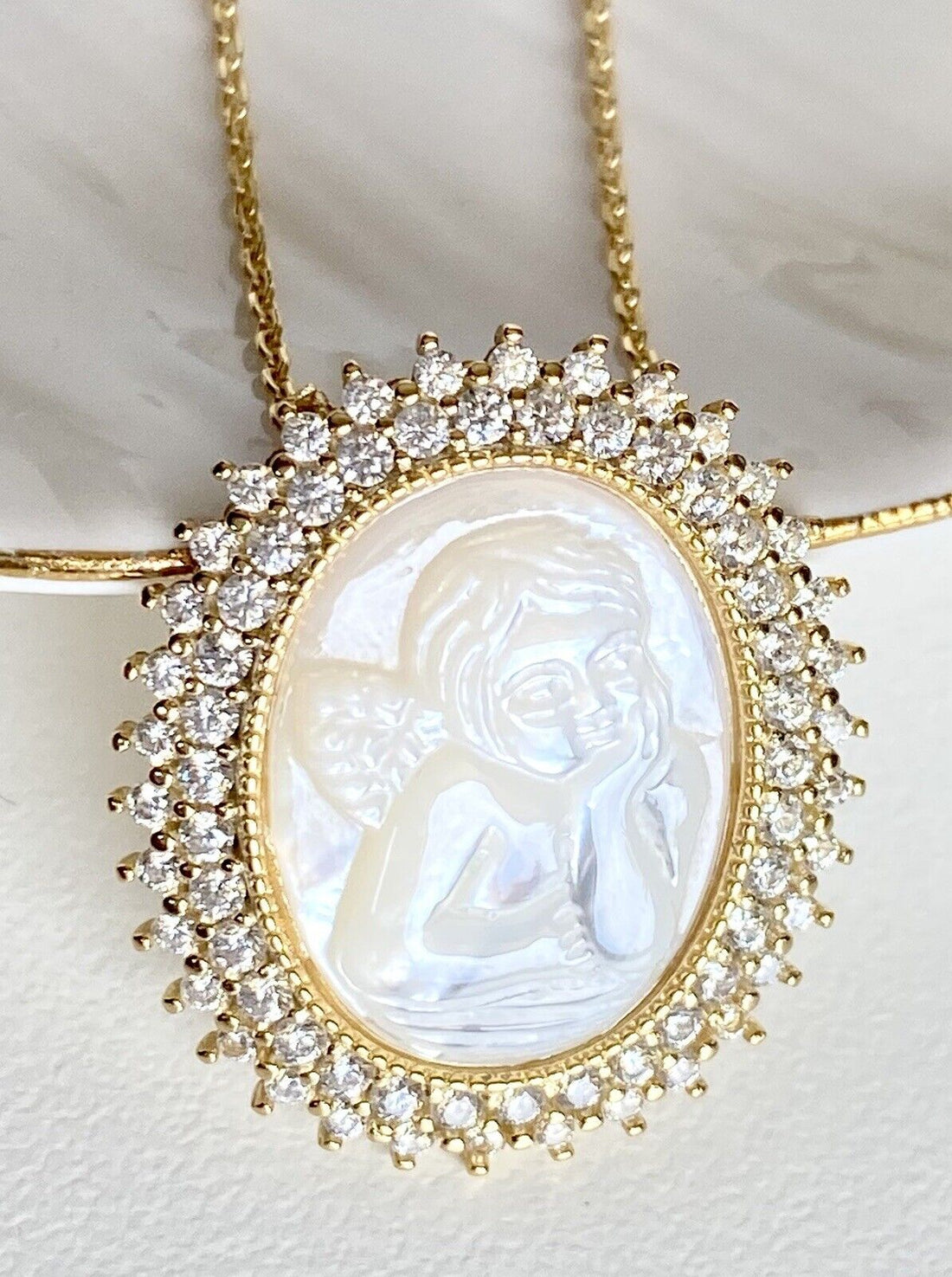 Sterling W/ Gold Overlay Thinking Angel/Cherub Pendant W/ Chain, 16-17", New