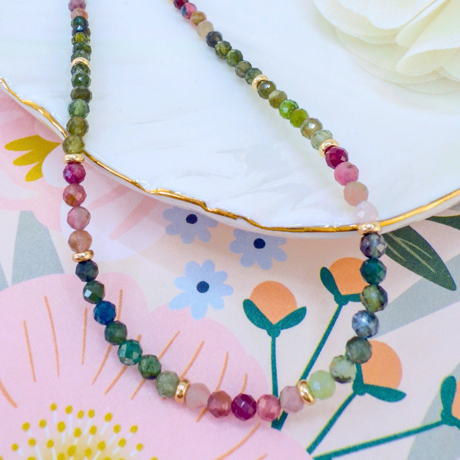 14k Yellow Gold Multicolor Tourmaline Bead Necklace, New 16"