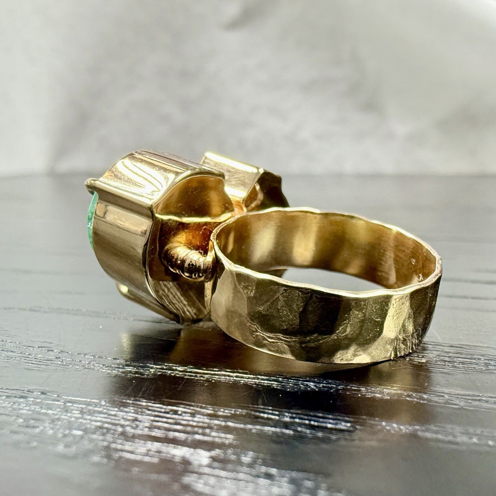 14k Yellow Gold Genuine Emerald & Pink Tourmaline Modernist Ring, New Size 6.5