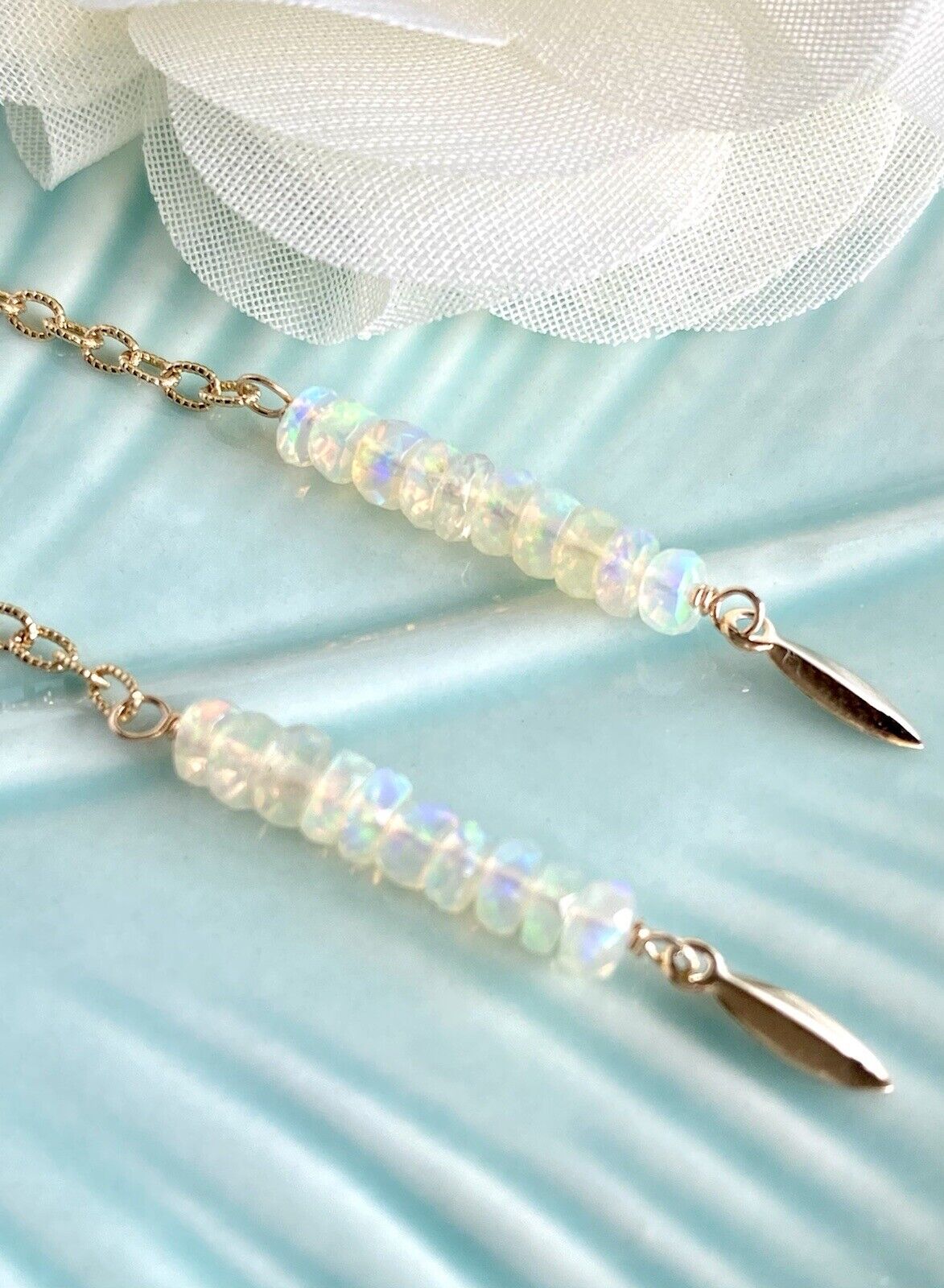 Genuine Opal & Solid 14K Yellow Gold Dangle Earrings, New, 2.68"