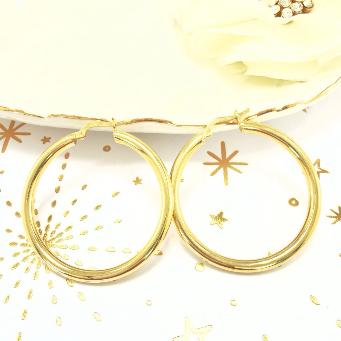 Solid 14k Yellow Gold 3mm Thick Hoop Earrings 30mm Diameter, New
