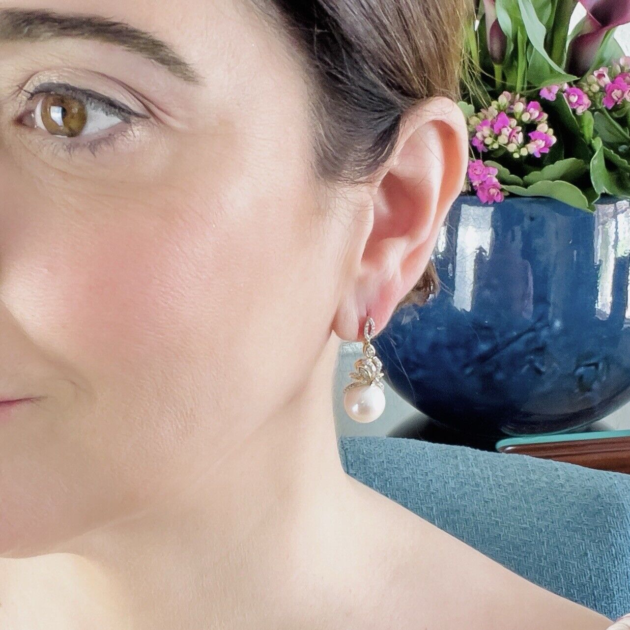 Genuine White Pearl (11.25mm) & Diamond 14k Yellow Gold Dangle Earrings, New