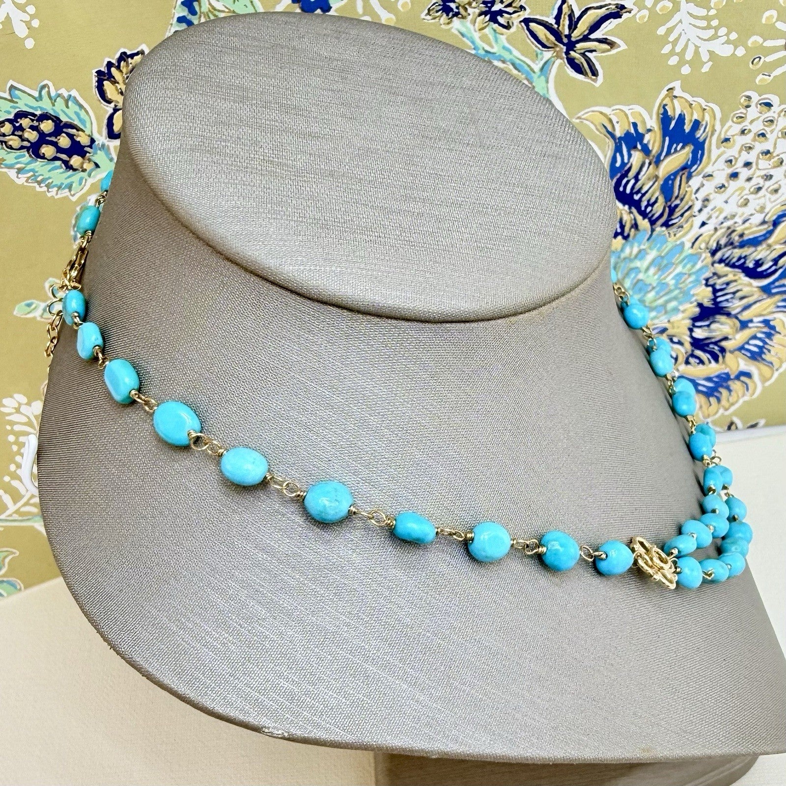 14k Yellow Gold Genuine Sleeping Beauty Turquoise Handcrafted Necklace, 16.5-18"