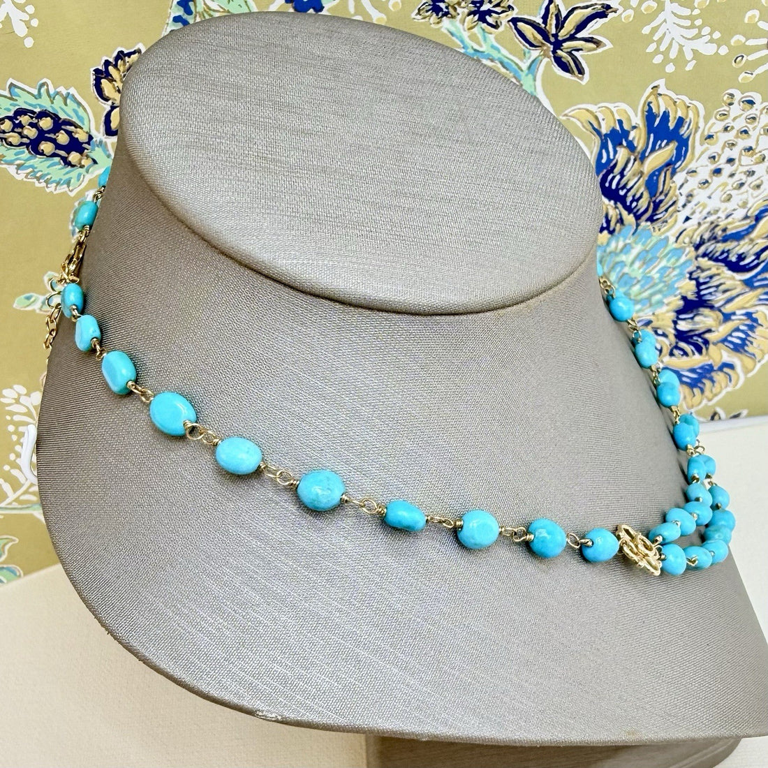 14k Yellow Gold Genuine Sleeping Beauty Turquoise Handcrafted Necklace, 16.5-18"