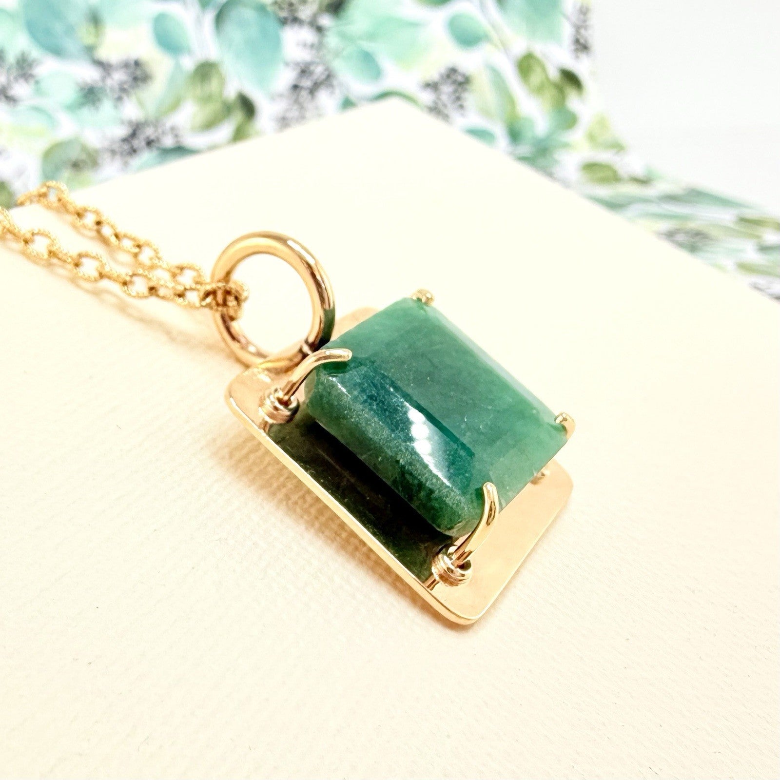 14k Yellow Gold Genuine Emerald Modernist Unisex Pendant, Newly Handcrafted