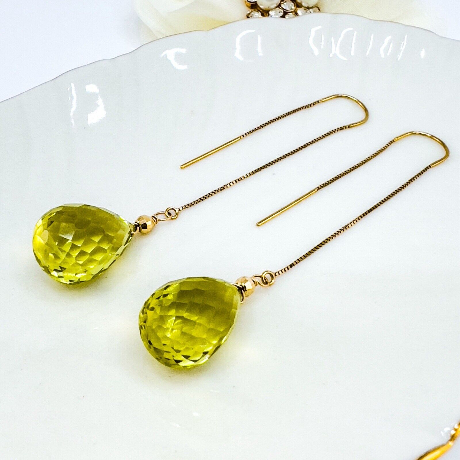 14k Yellow Gold Genuine Lemon Citrine Threader Drop/Dangle Earrings, New, 2.80"