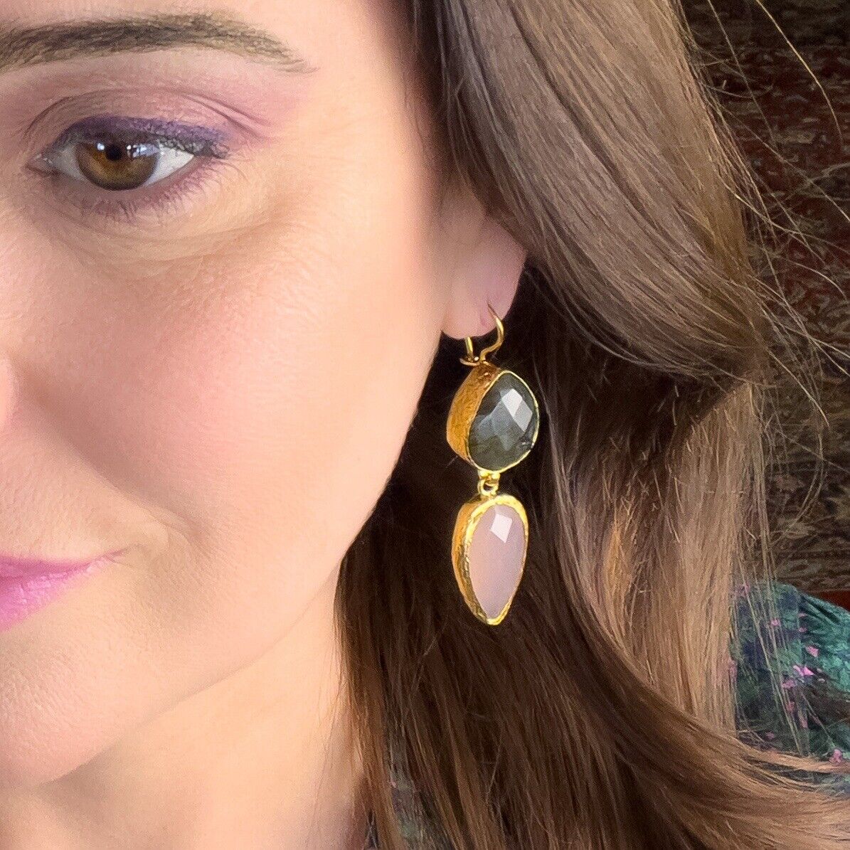 Etruscan Revival Labradorite & Rose Chalcedony Earrings 22k Yellow Gold Overlay