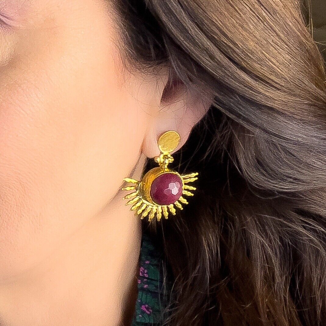 Etruscan Style Ruby Quartz Heavy Gold Plated Sunburst Dangle Earrings New 1.48"