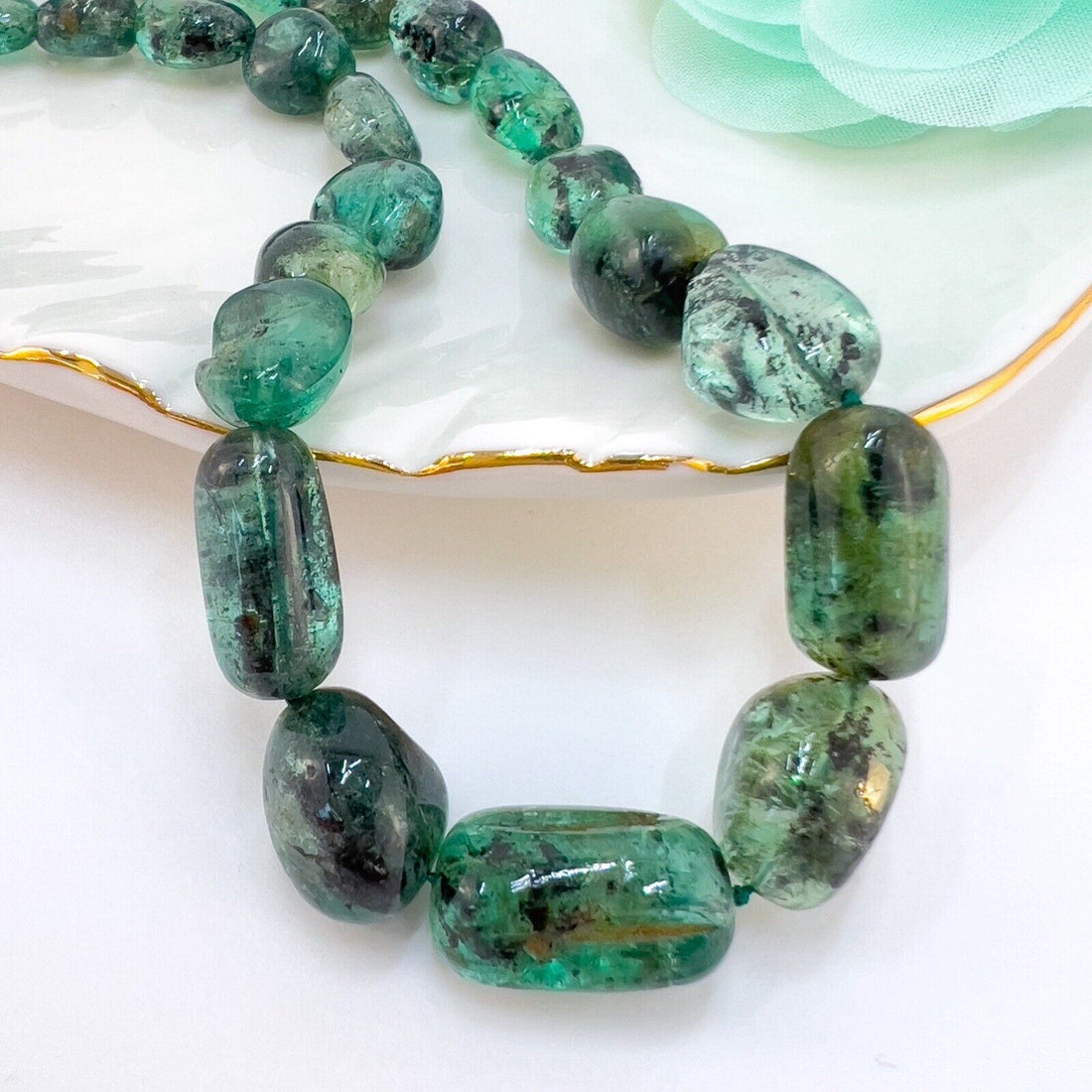 Genuine Emerald (170ct) 14k Yellow Gold Beaded Necklace, New 17.5"