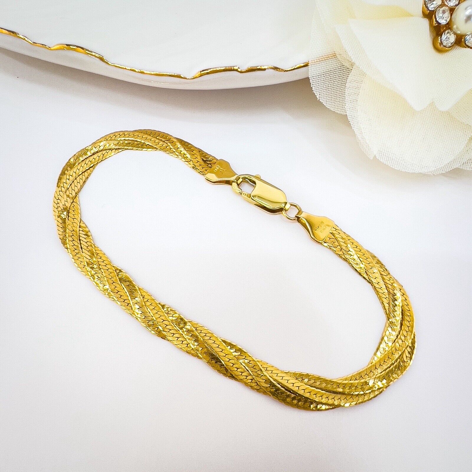 Solid 14k Yellow Gold Herringbone Flat Braided Bracelet, Italy 7.25"