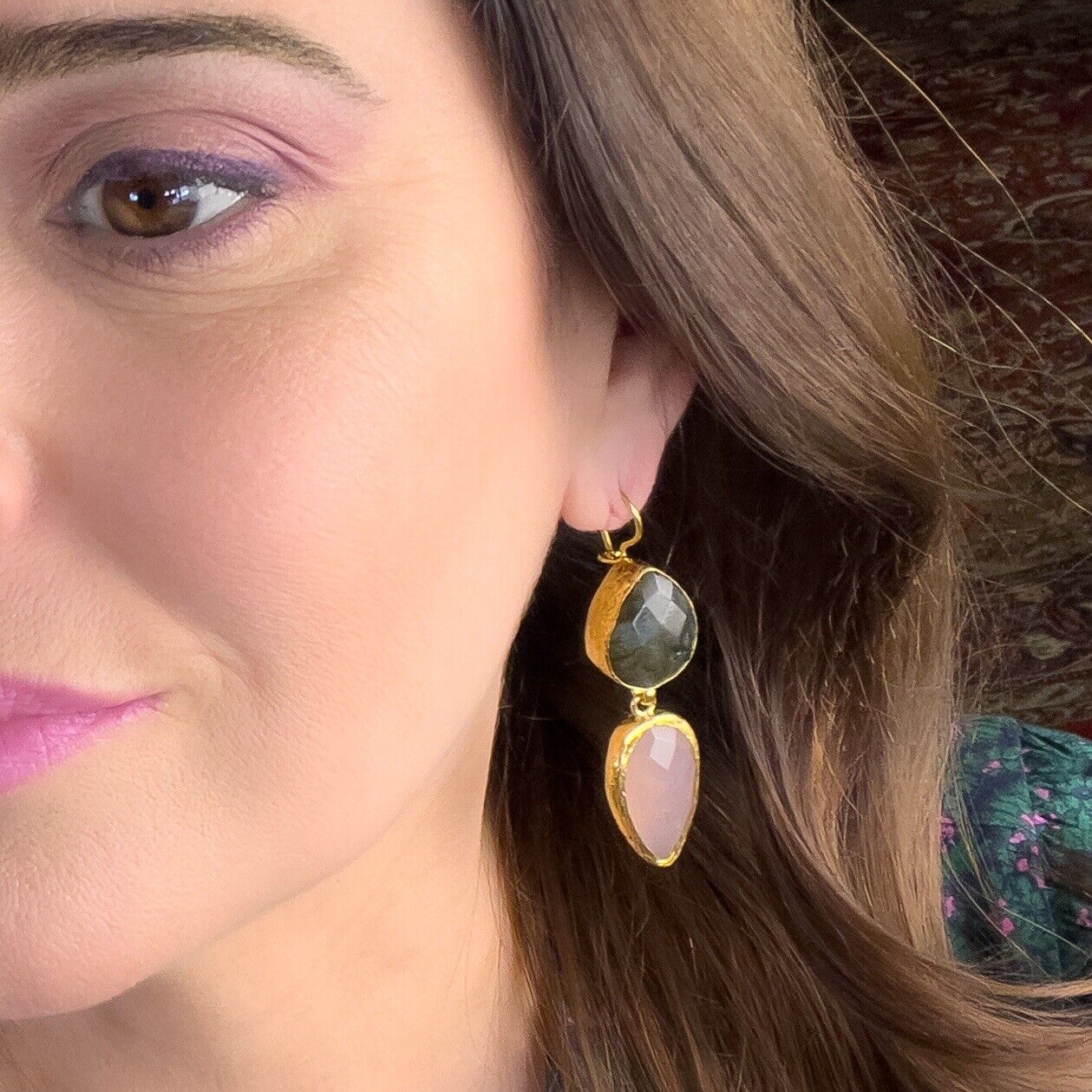 Etruscan Revival Labradorite & Rose Chalcedony Earrings 22k Yellow Gold Overlay