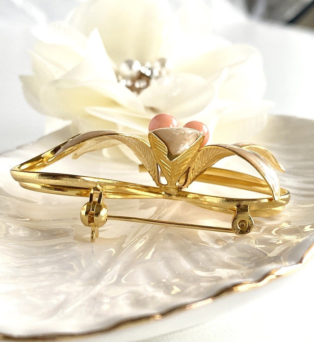 Heavy Gold Plated & Enameled Natural Coral Brooch/Pin, New Vintage Stock 6 Petal