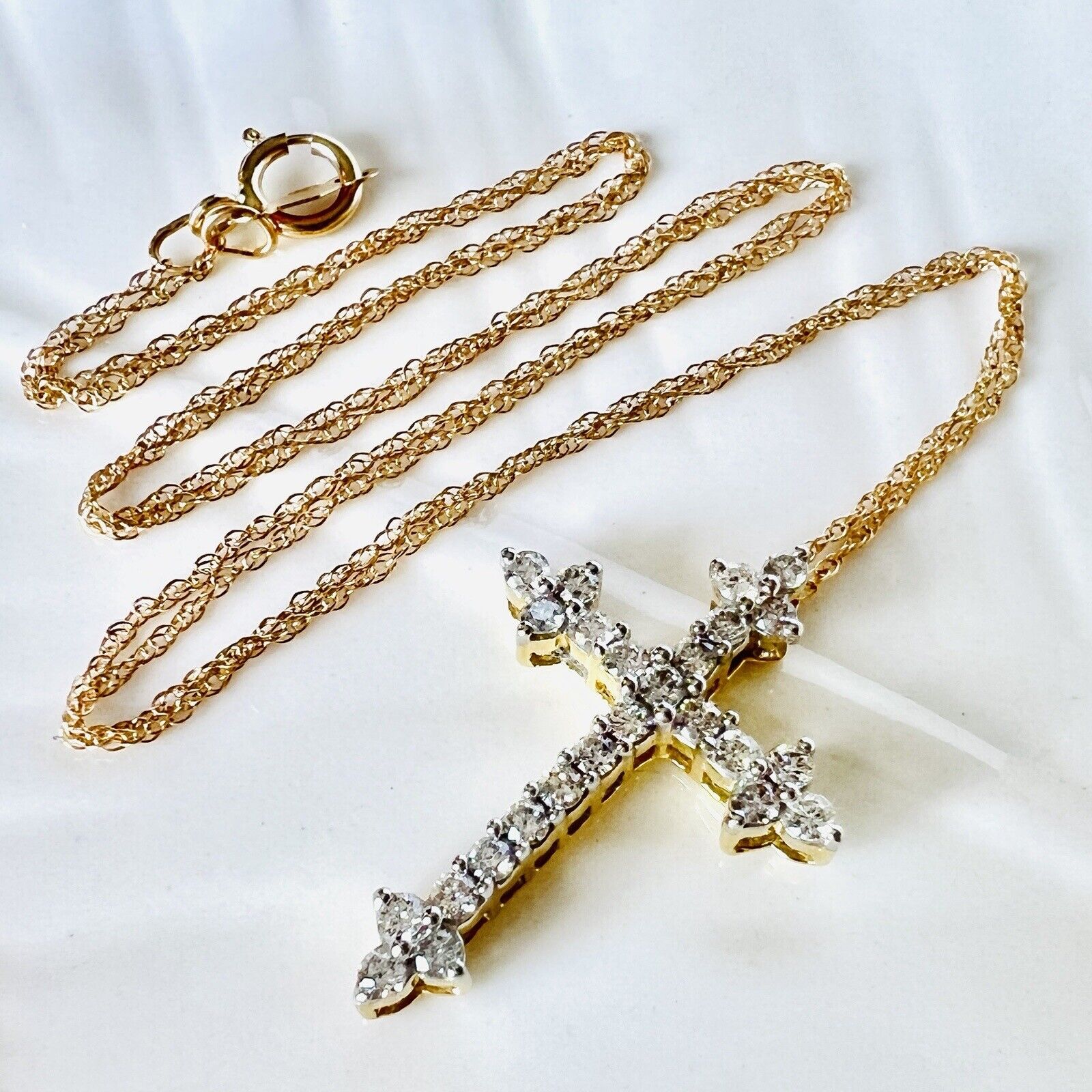 Solid 10k Yellow Gold Genuine Diamond Cross Pendant Necklace 18", New