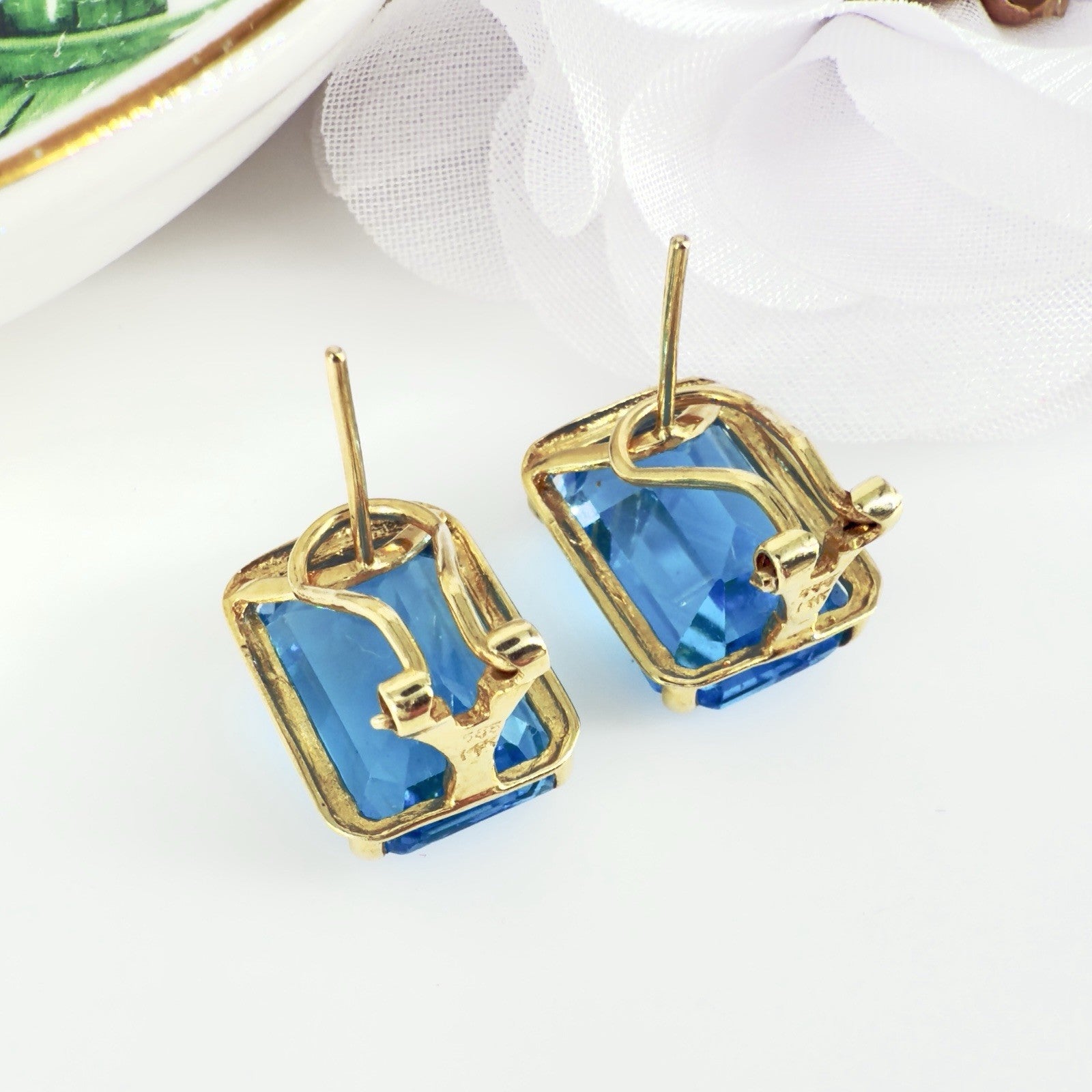 14k Yellow Gold Swiss Blue Topaz Omega Back Earrings, Preowned