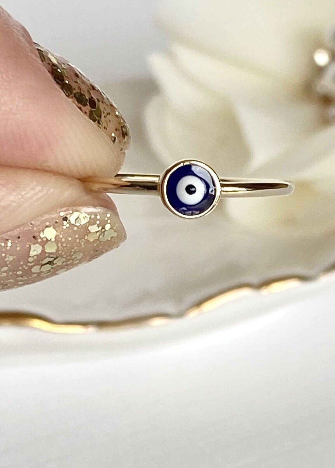 Solid 14k Yellow Gold Lucky Blue Eye Ring, New, Size 6.75