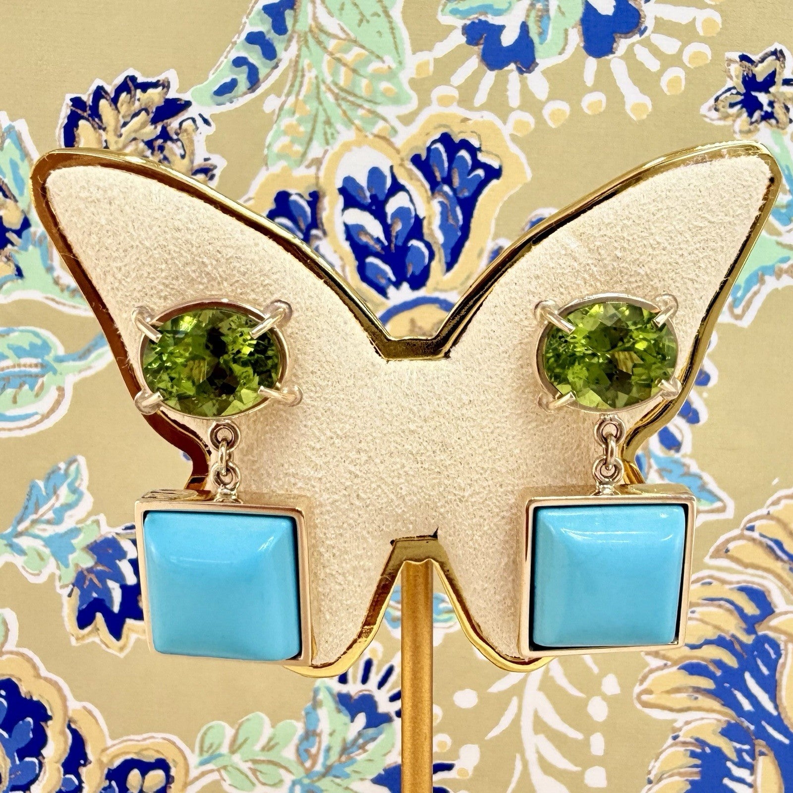 14k Yellow Gold Genuine Peridot & American Turquoise Statement Earrings, New