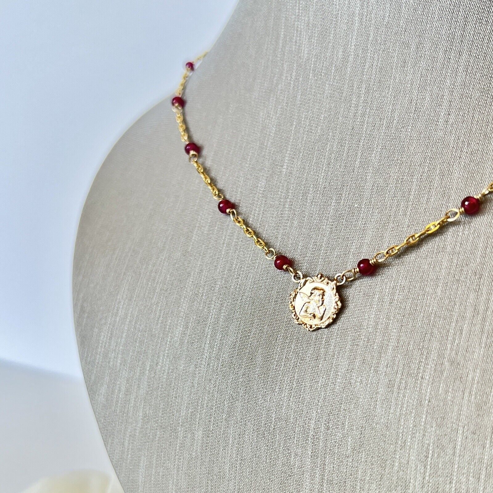 Solid 14k Yellow Gold and Lab Created Ruby (5.6ctw) Angel Necklace, New, 17.25"