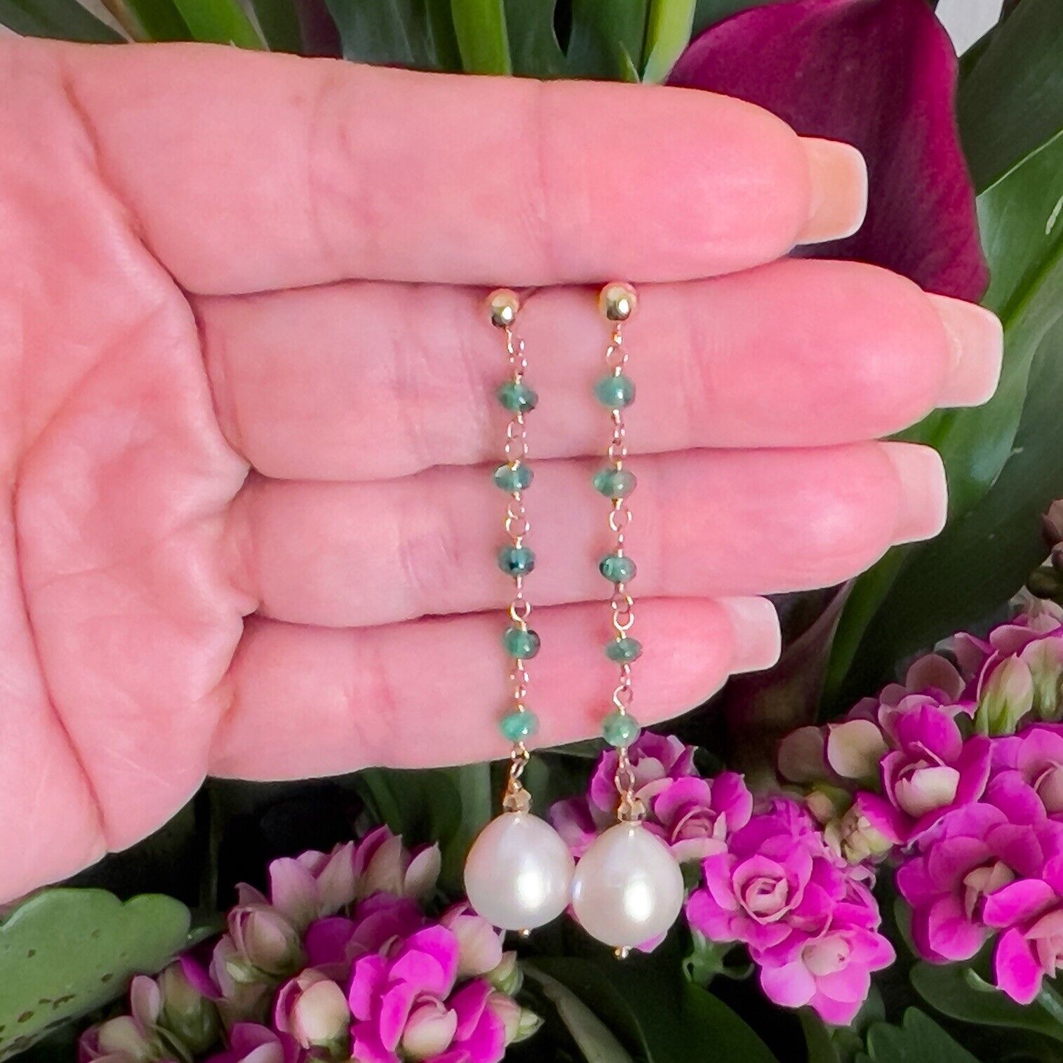 14k Yellow Gold Genuine Emerald & Pearl Dangle/Drop Earrings, New, 2.52"