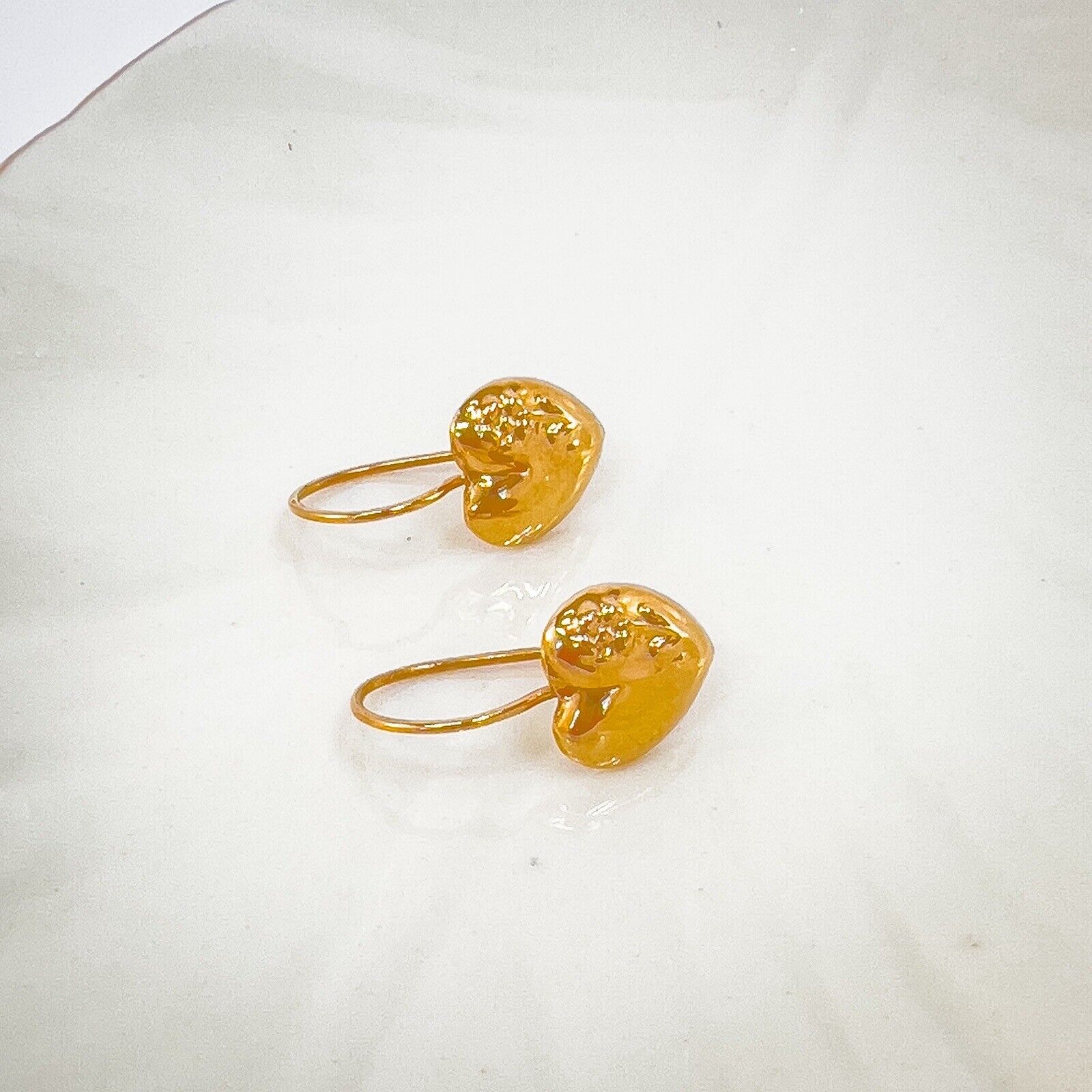 Antique 14k Rose Gold Repoussé Flower Heart Design Dangle Hook Earrings