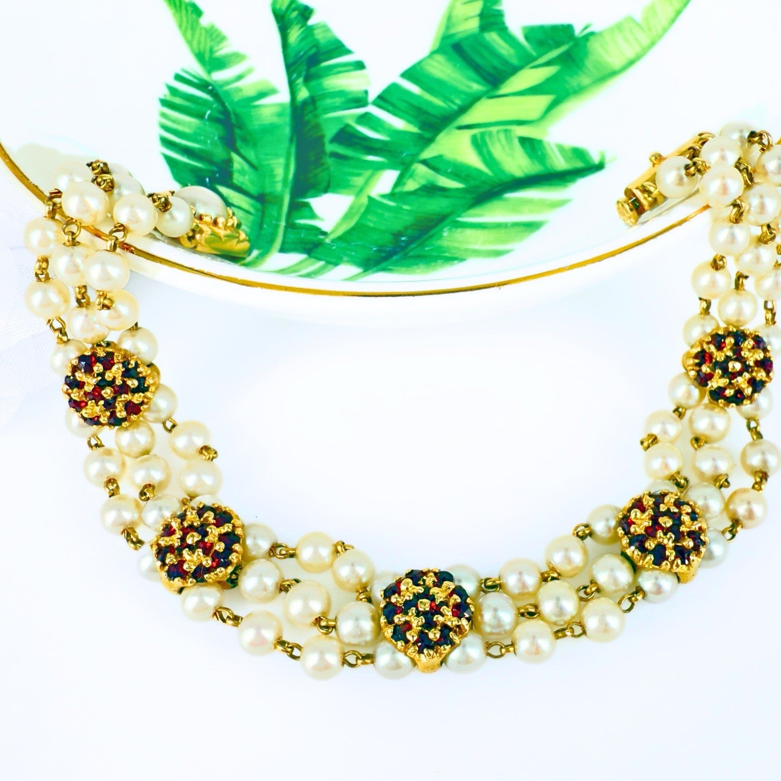 14k Gold Vintage Akoya Pearl 3-Row Bracelet & Garnet Slide Bracelet Charms