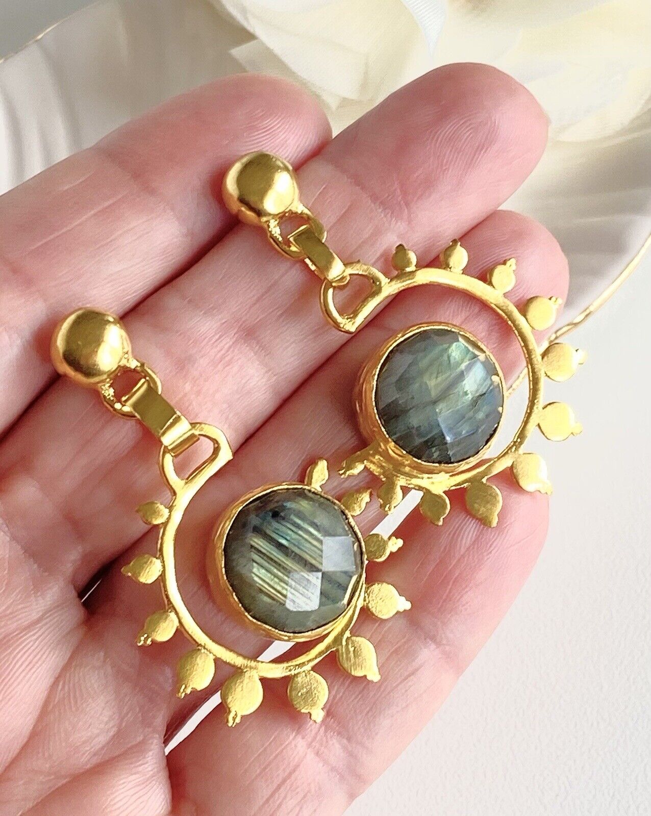 Etruscan Revival Gold Overlay Labradorite Dangle Earrings, New, 1.88"