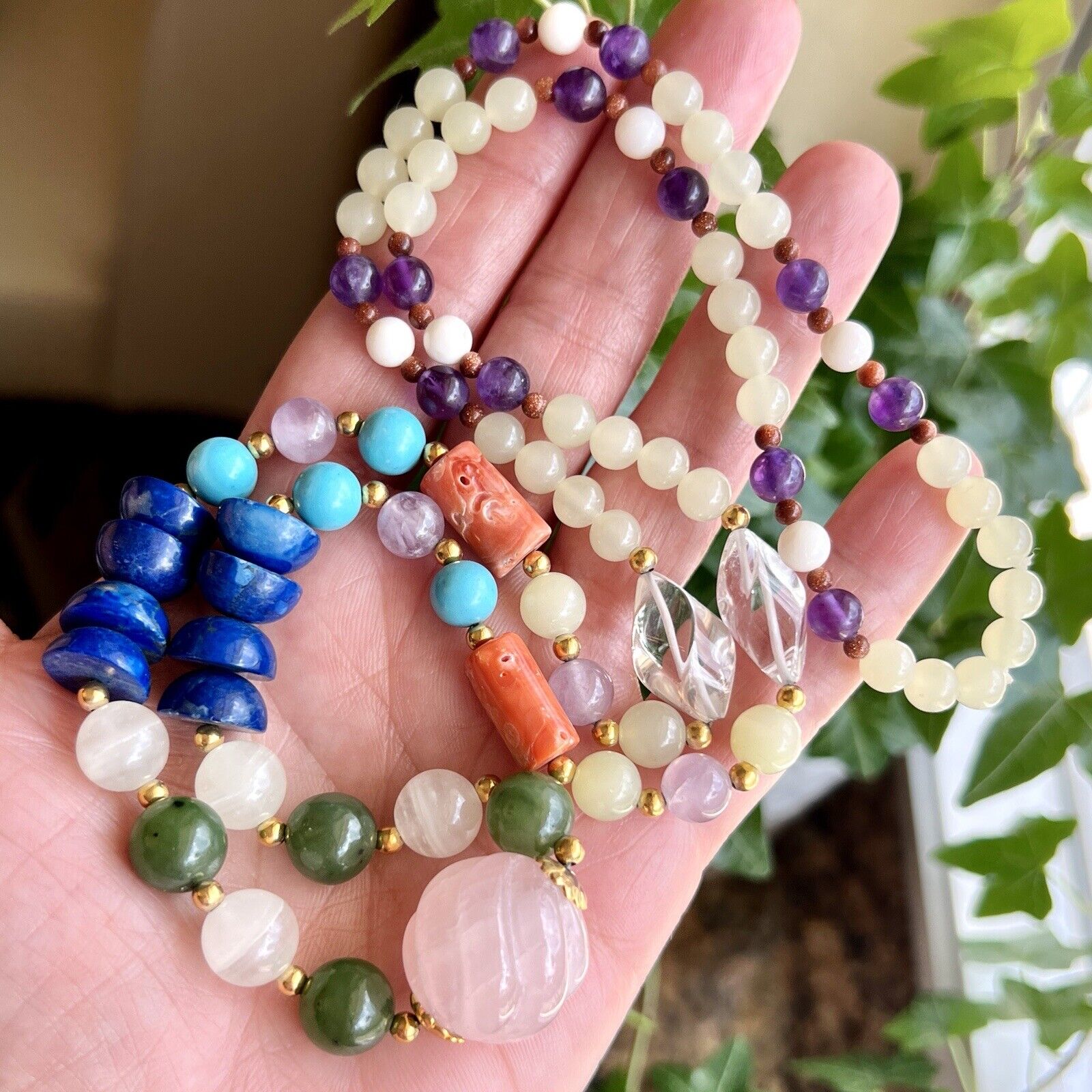 Natural Coral, Amethyst, Jade, Howlite, Serpentine & Quartz Beaded Necklace, New