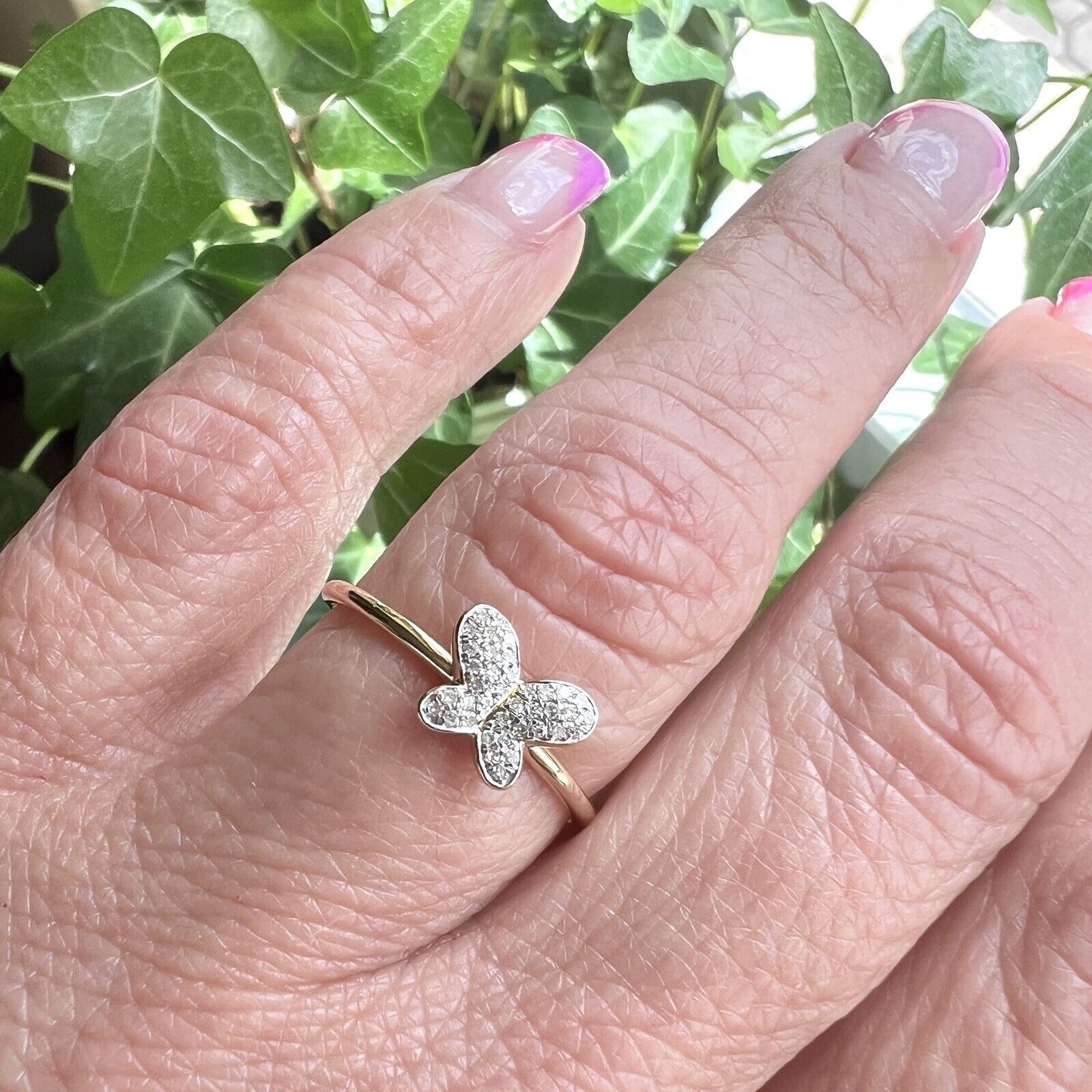Solid 10k Yellow Gold Genuine Diamond Pave Butterfly Ring, Size 7