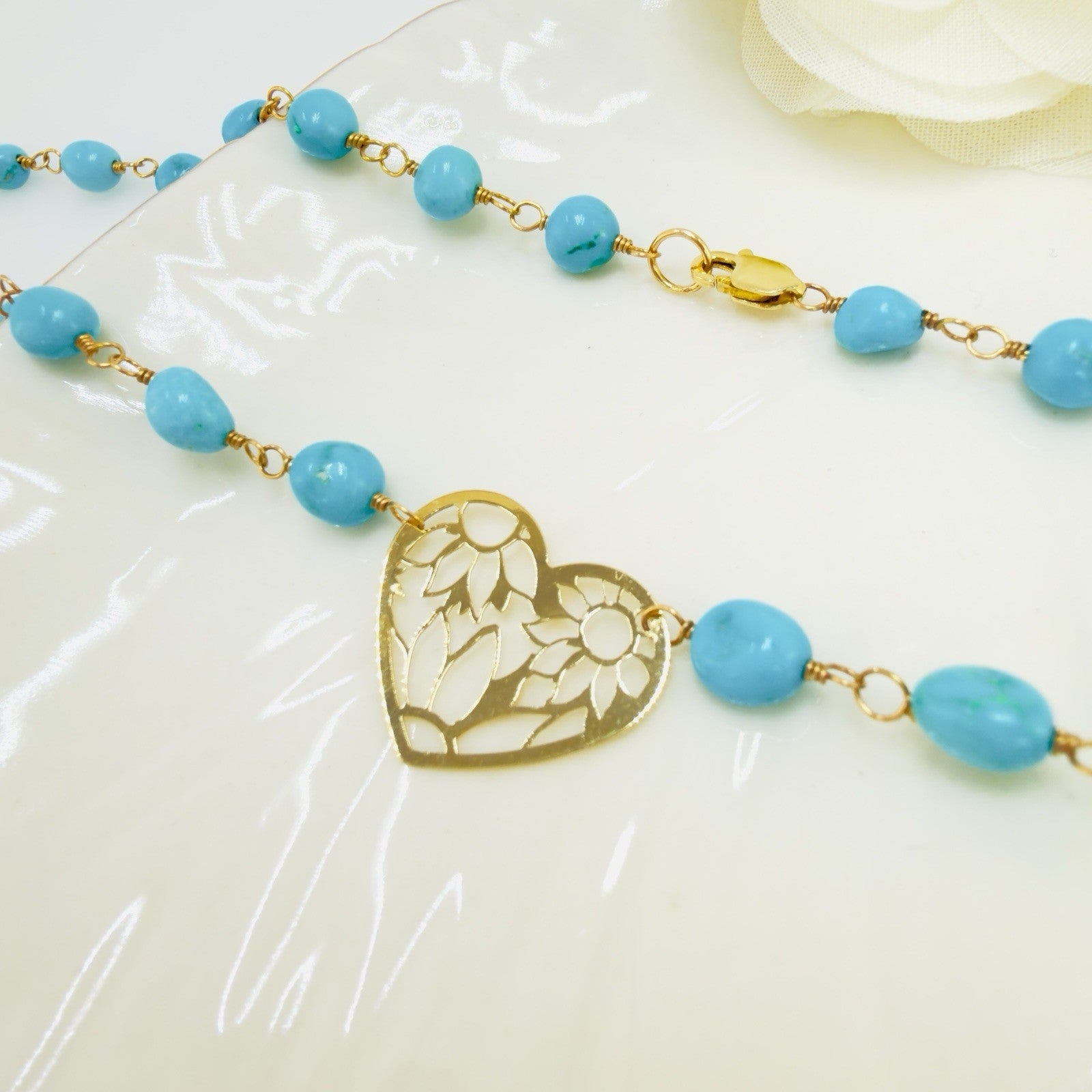 14k Sleeping Beauty Turquoise with Pierce-Work Heart Pendant Necklace, 18.25"