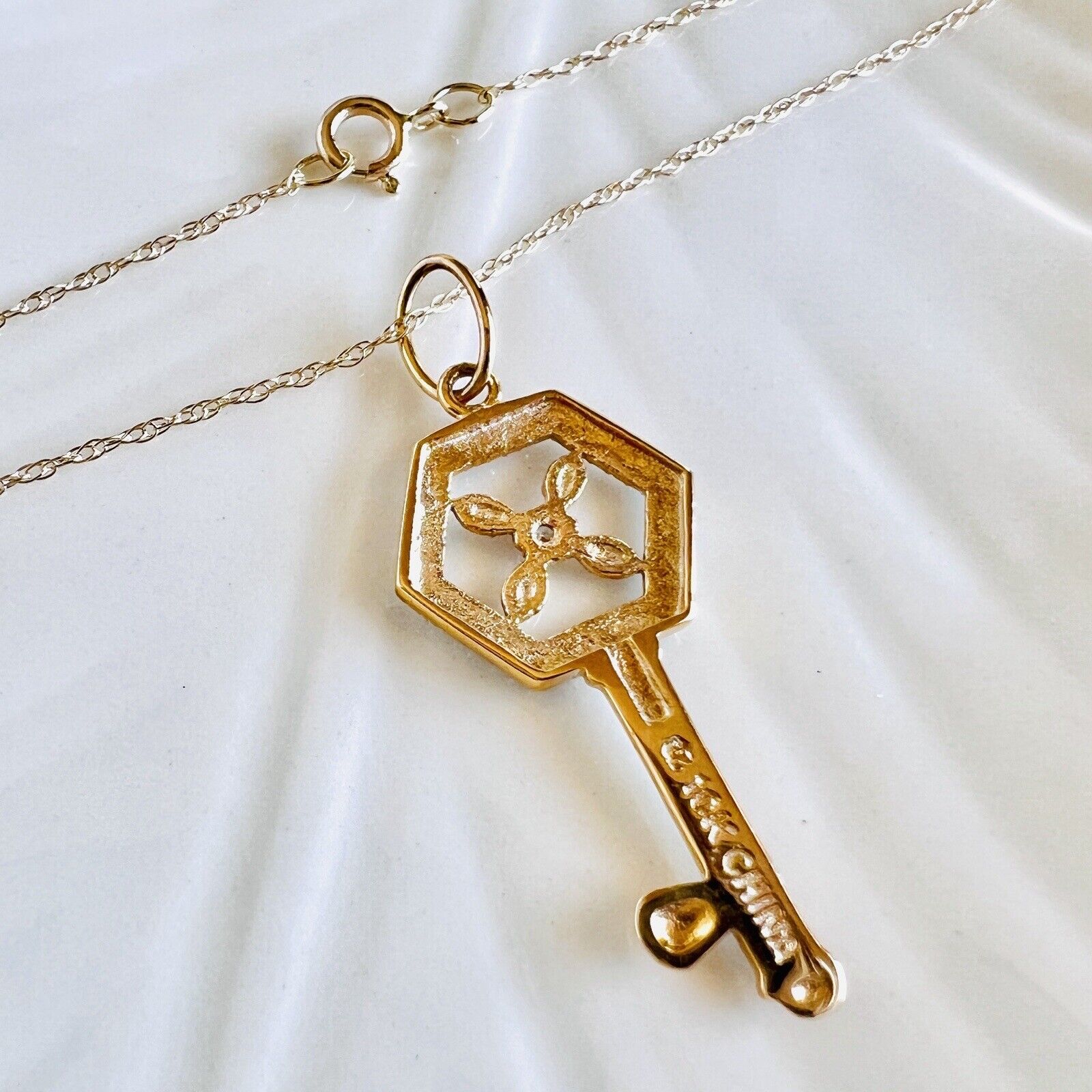 Solid 10k Yellow & White Gold & Diamond Hexagonal Skeleton Key Pendant Necklace,