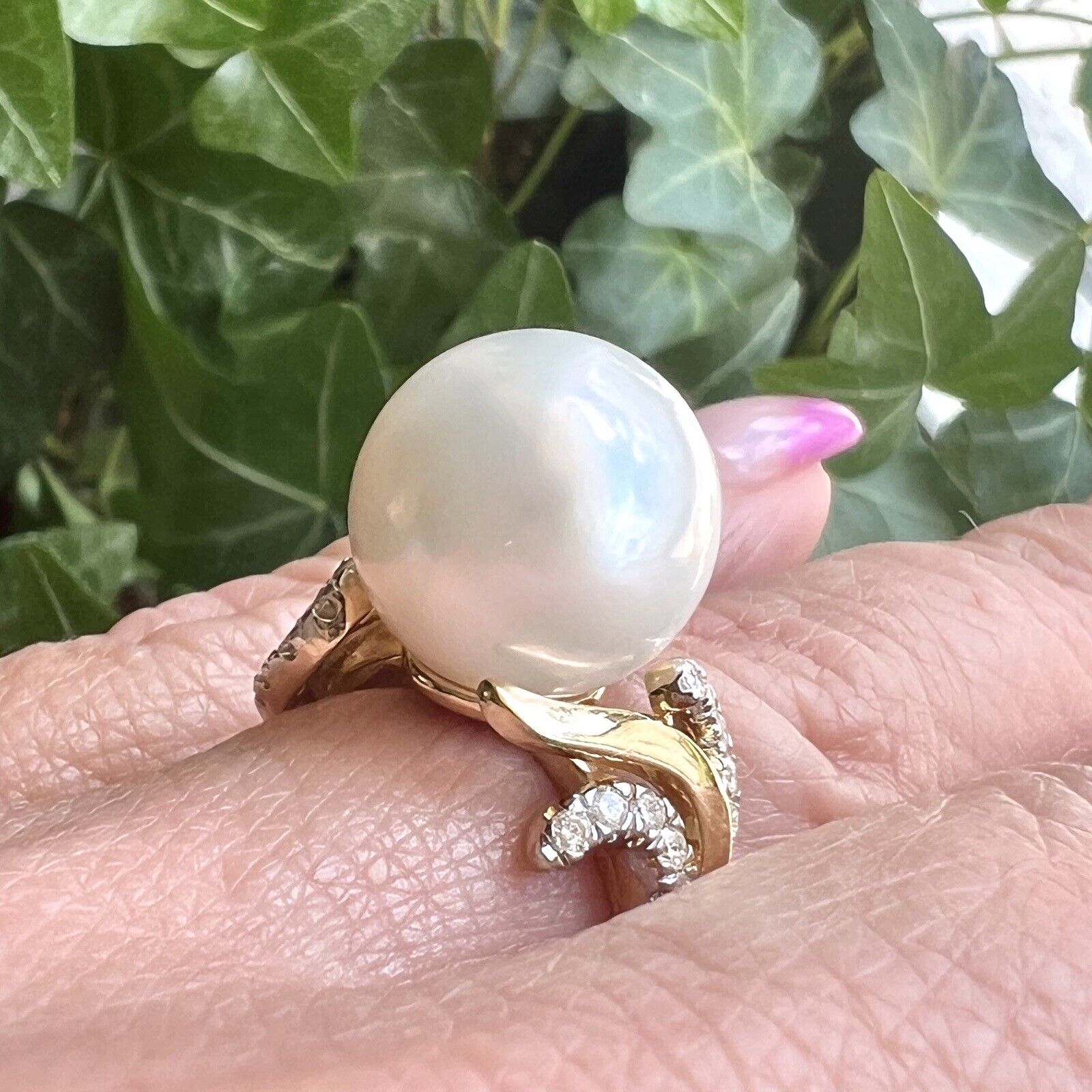 Solid 14k Yellow Gold Genuine 13.3mm Pearl & Diamond Ring, Size 7 New