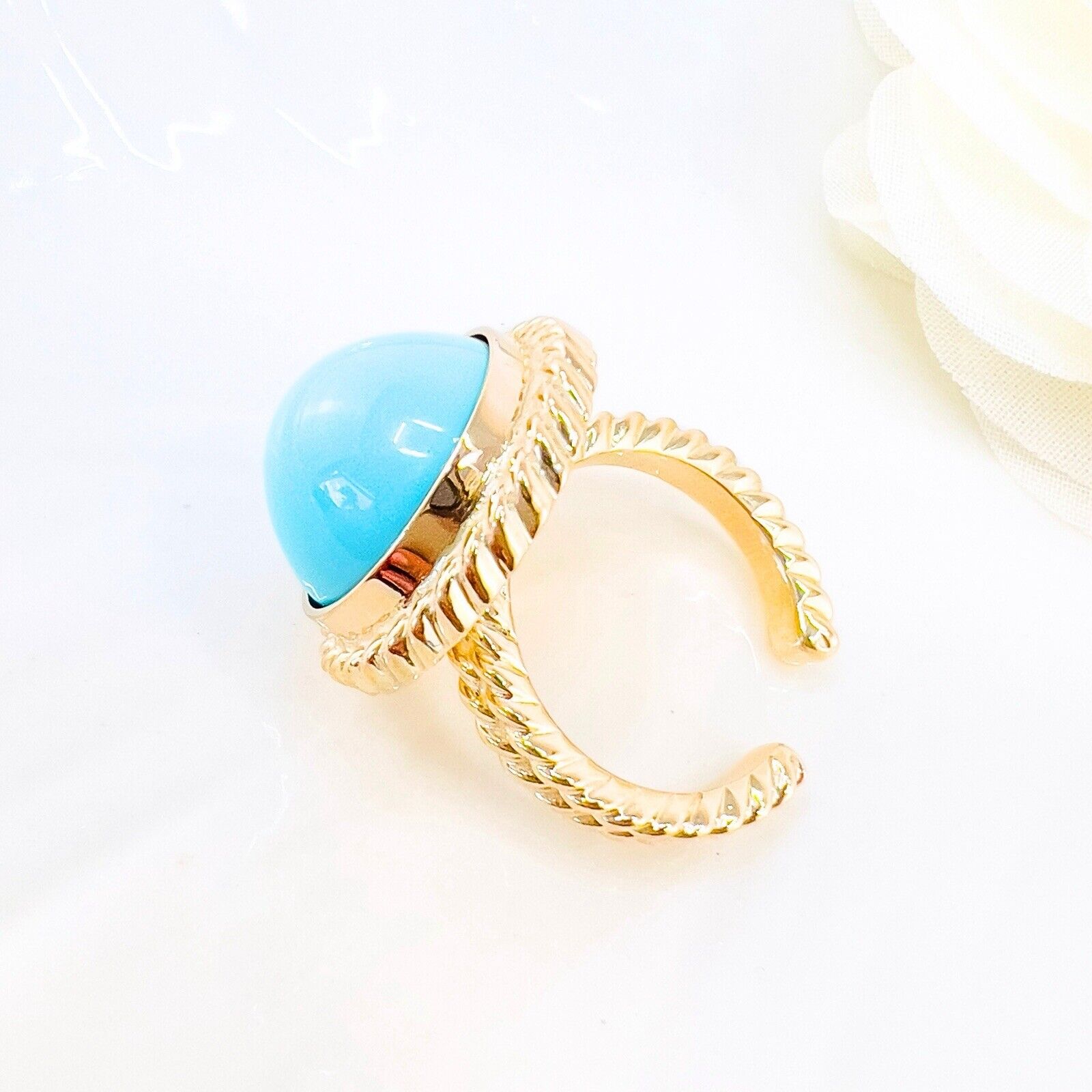 14k Yellow Gold Persian Turquoise (15mm) Handcrafted Ring, New, Size 6.75
