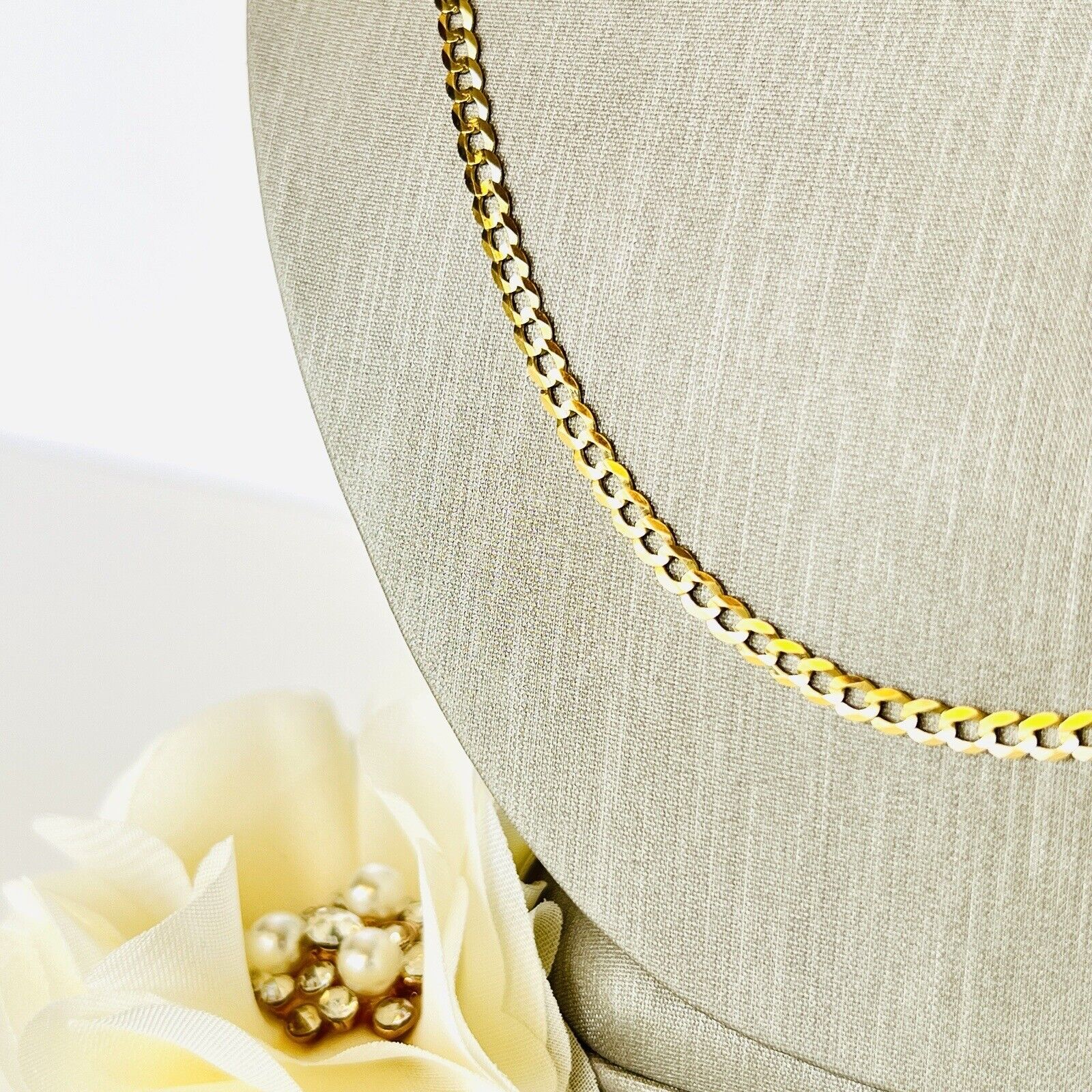 Solid 14k Yellow Gold Curb Link Flat Diamond-Cut Chain, 18", New