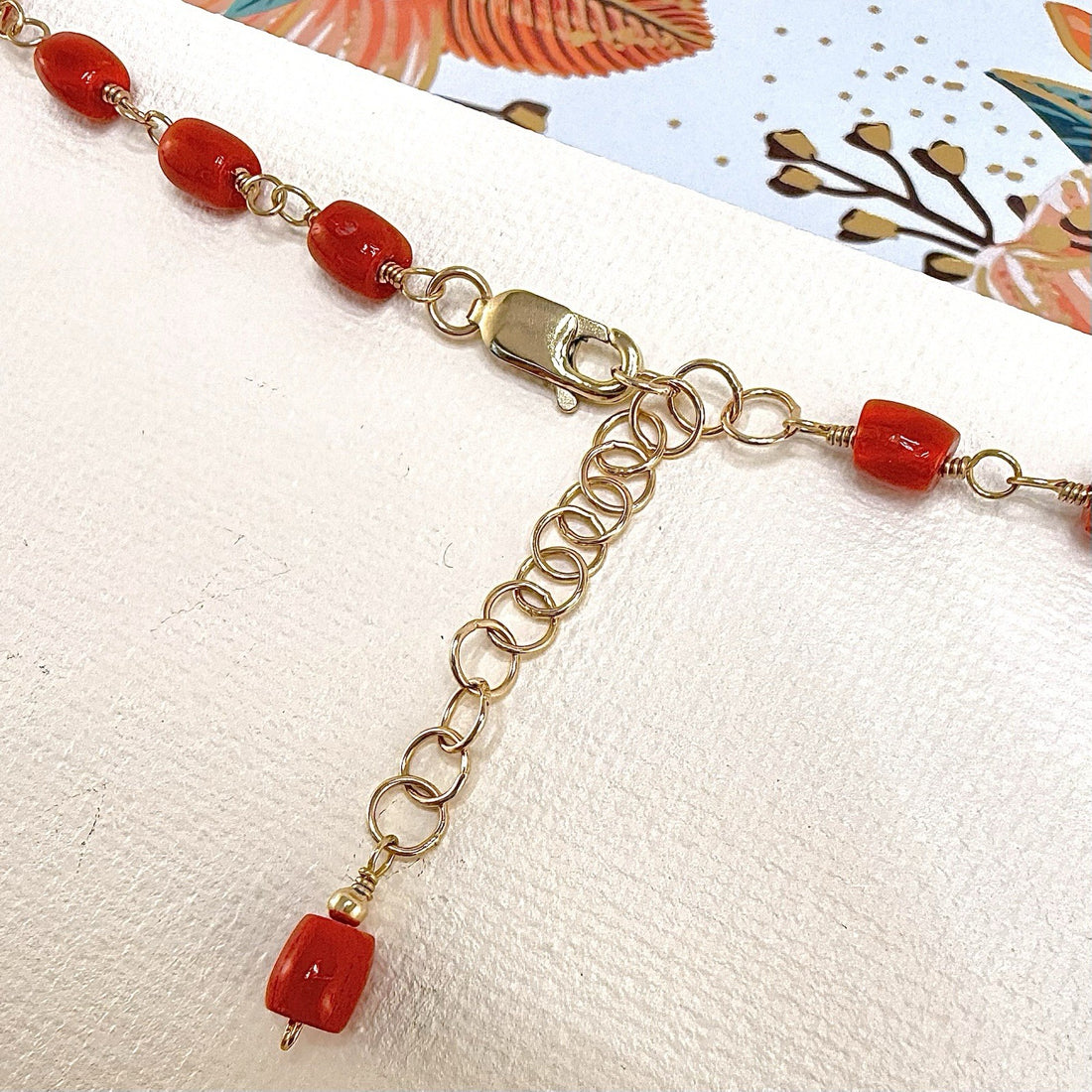 14k Yellow Gold Mediterranean Red Coral Handcrafted Necklace, 18.25-19.75"