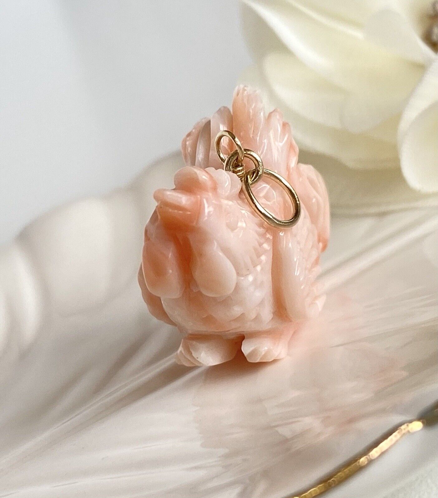 No Dye Salmon Coral Rooster (Asian Zodiac) 14k Yellow Gold Pendant/Necklace, New