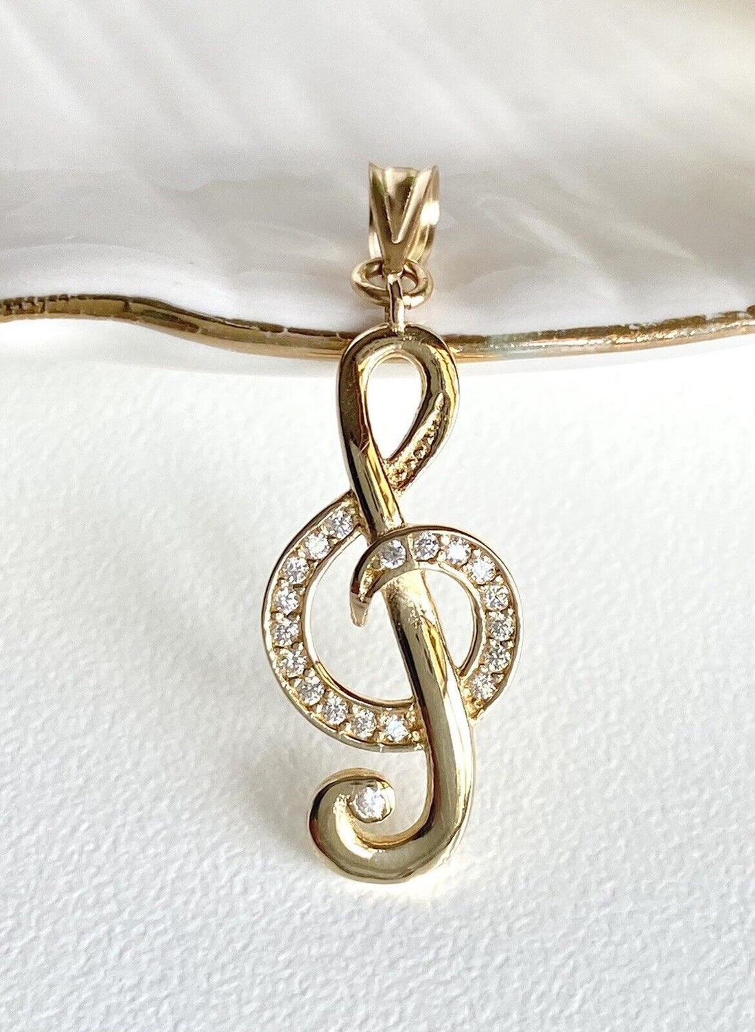 Solid 14K Yellow Gold & Cubic Zirconia "G" Clef Musical Symbol Pendant, New 1.3"
