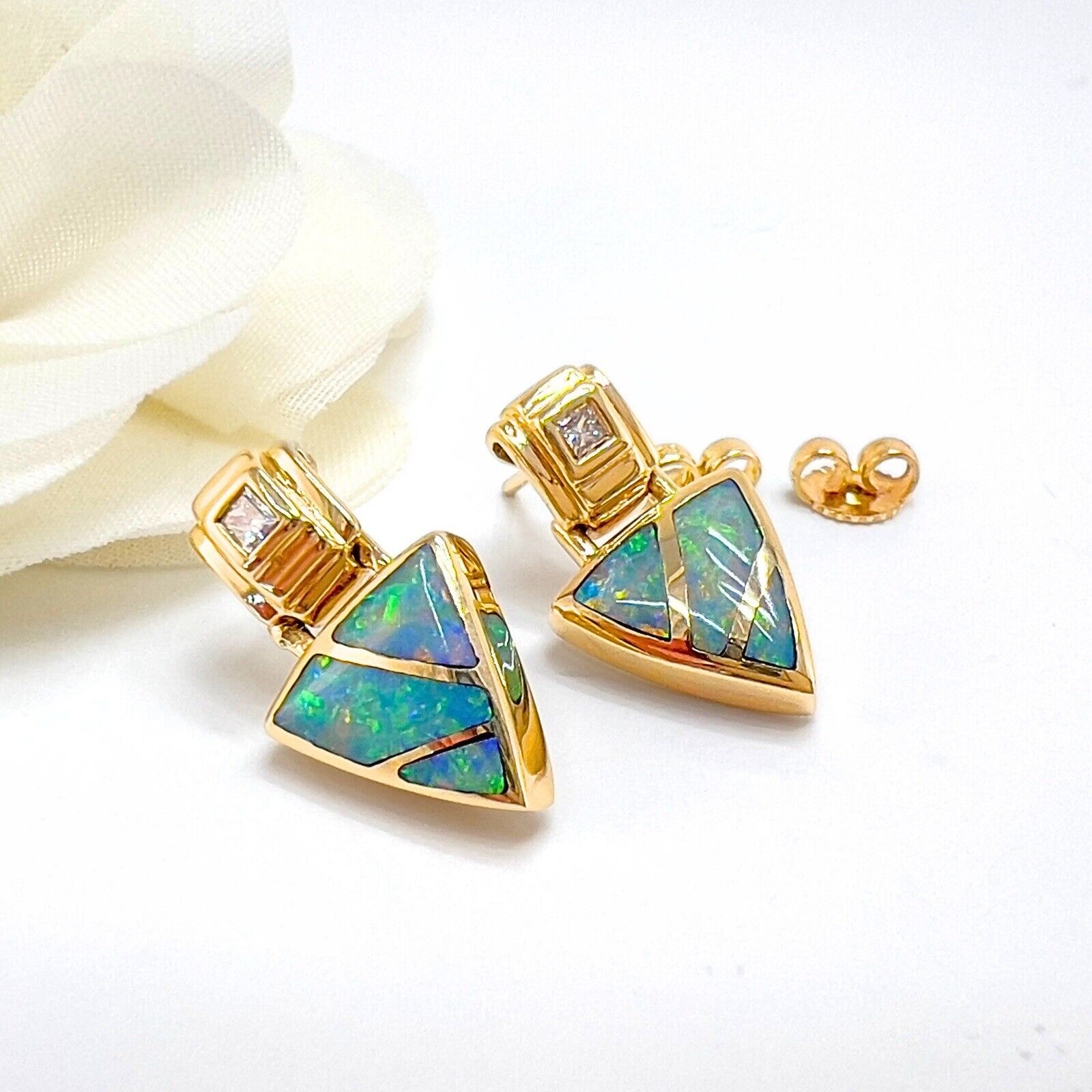 14k Yellow Gold Genuine Opal Inlay & Diamond Dangle Earrings
