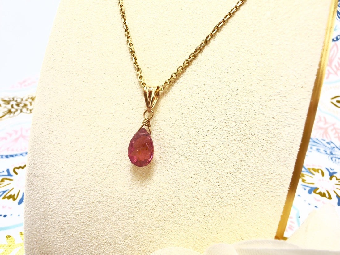 14k Yellow Gold Genuine Pink Tourmaline Drop Pendant, 0.75" New