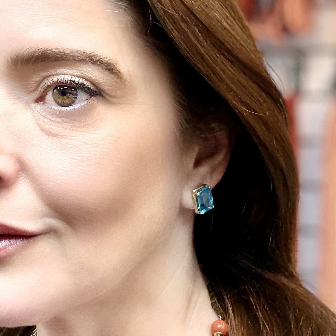 14k Yellow Gold Swiss Blue Topaz Omega Back Earrings, Preowned